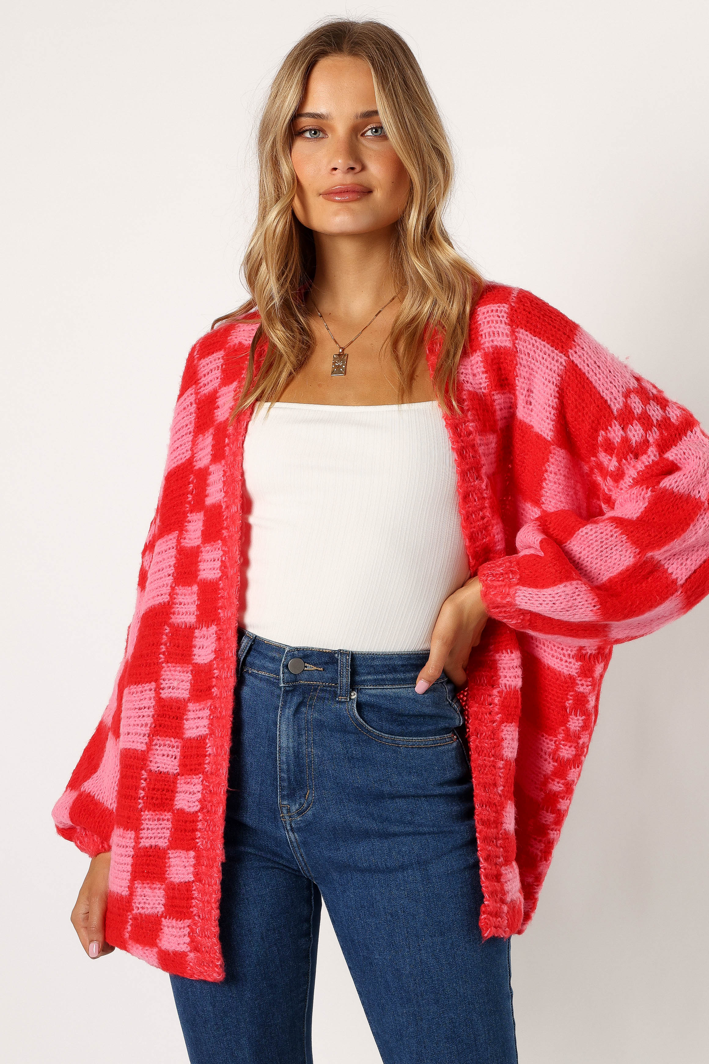 Davina Open Front Cardigan - Red & Pink Knit Long Sleeve