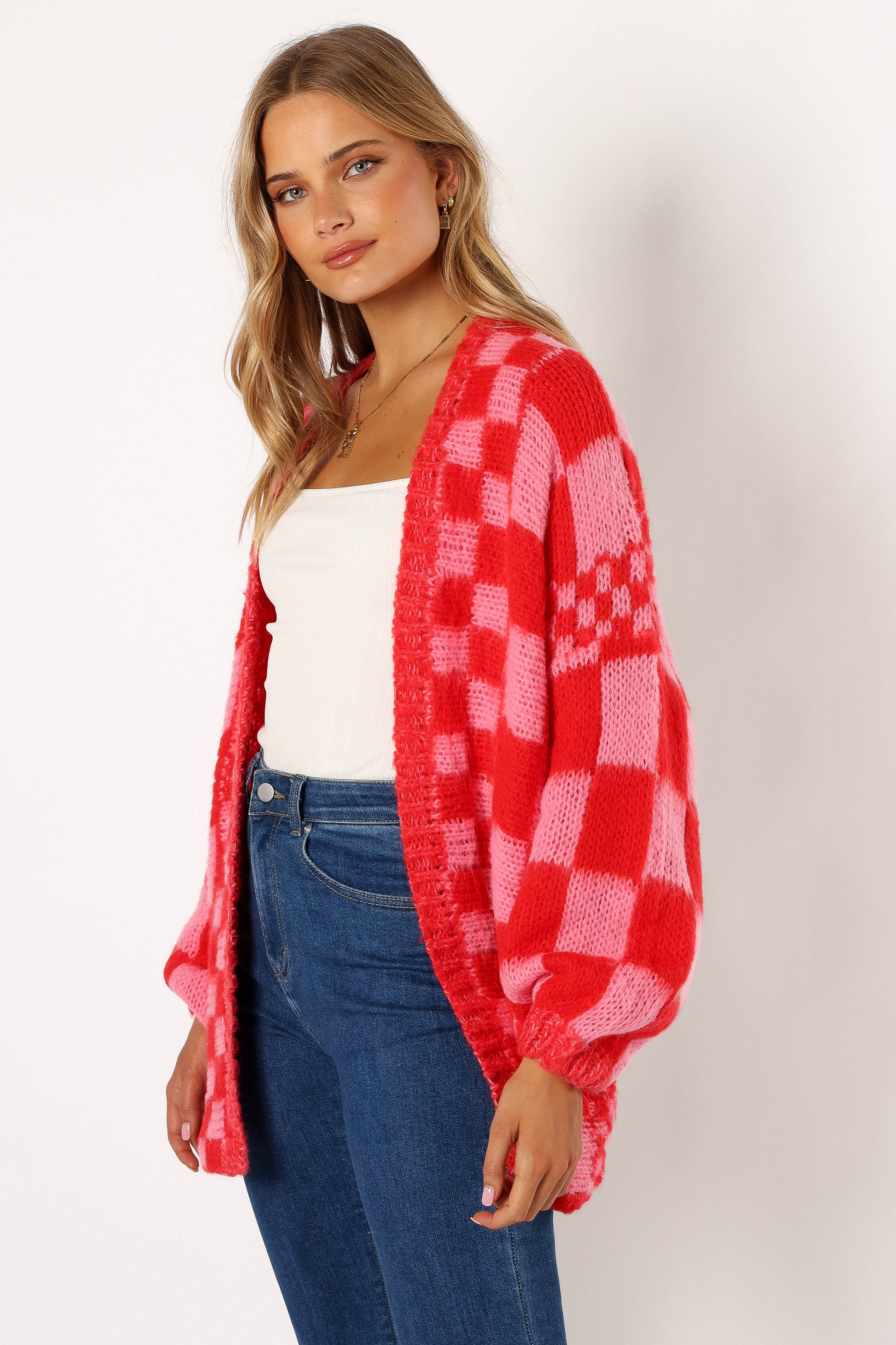 Davina Open Front Cardigan - Red & Pink Knit Long Sleeve