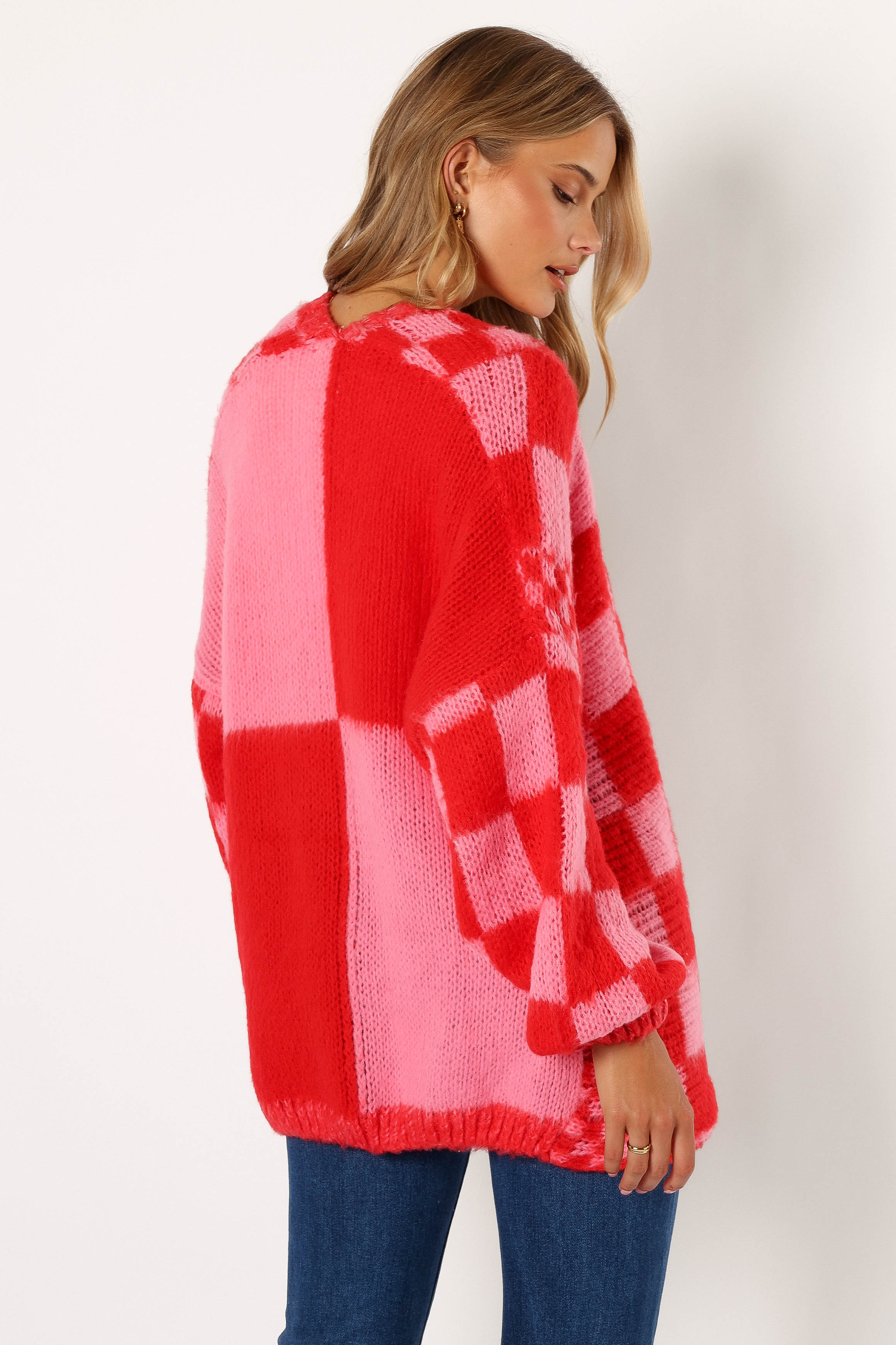 Davina Open Front Cardigan - Red & Pink Knit Long Sleeve