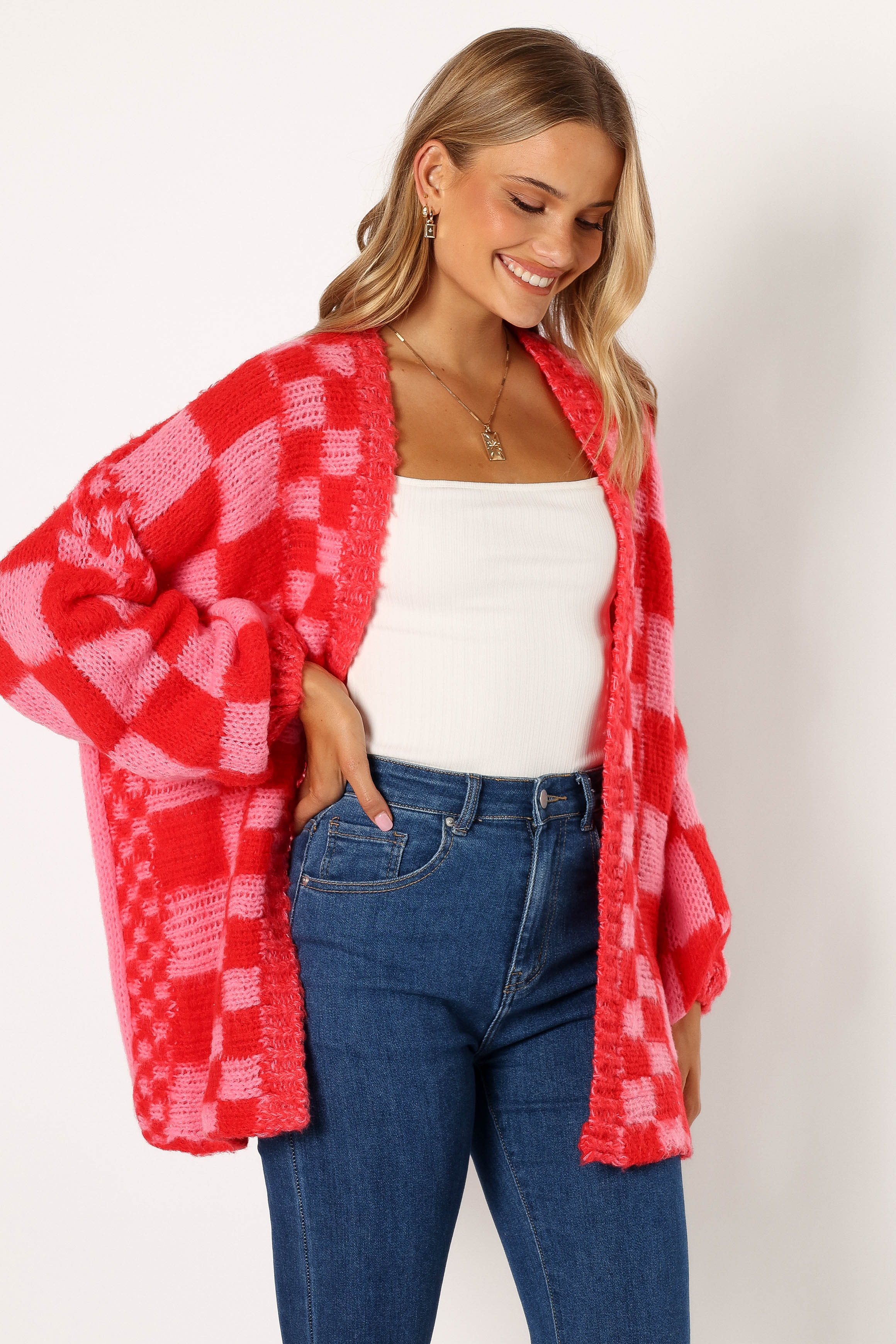 Davina Open Front Cardigan - Red & Pink Knit Long Sleeve