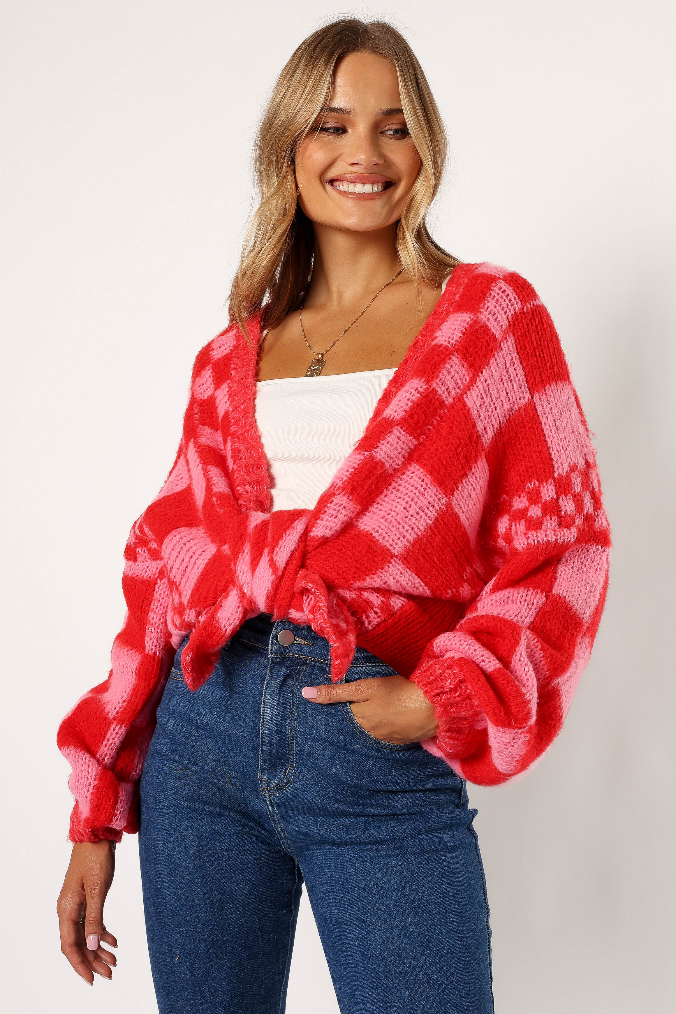 Davina Open Front Cardigan - Red & Pink Knit Long Sleeve