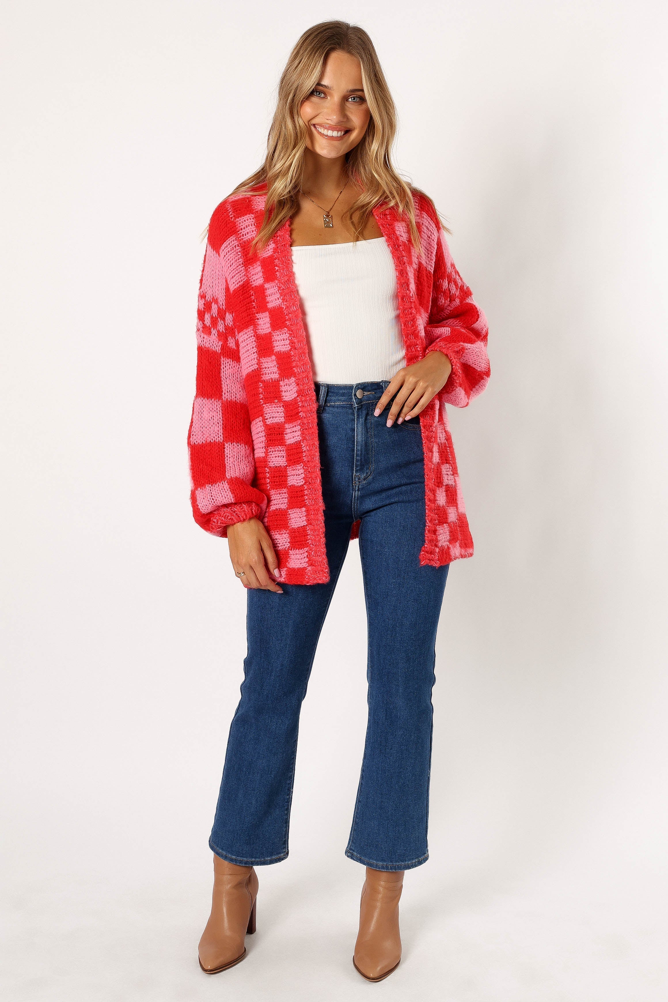 Davina Open Front Cardigan - Red & Pink Knit Long Sleeve