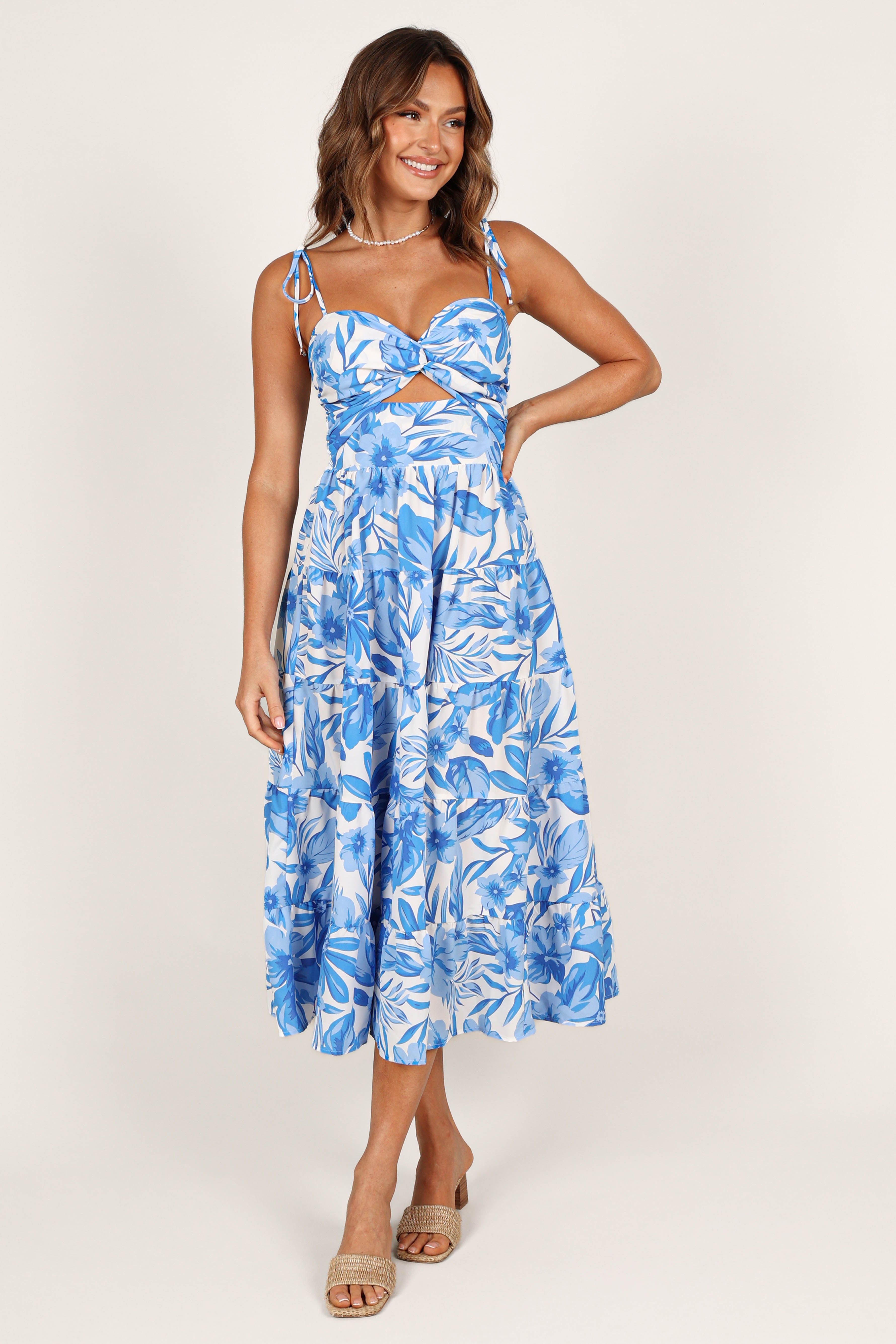 Floral Midi Dress with V-Neck & Adjustable Straps - Blue/White