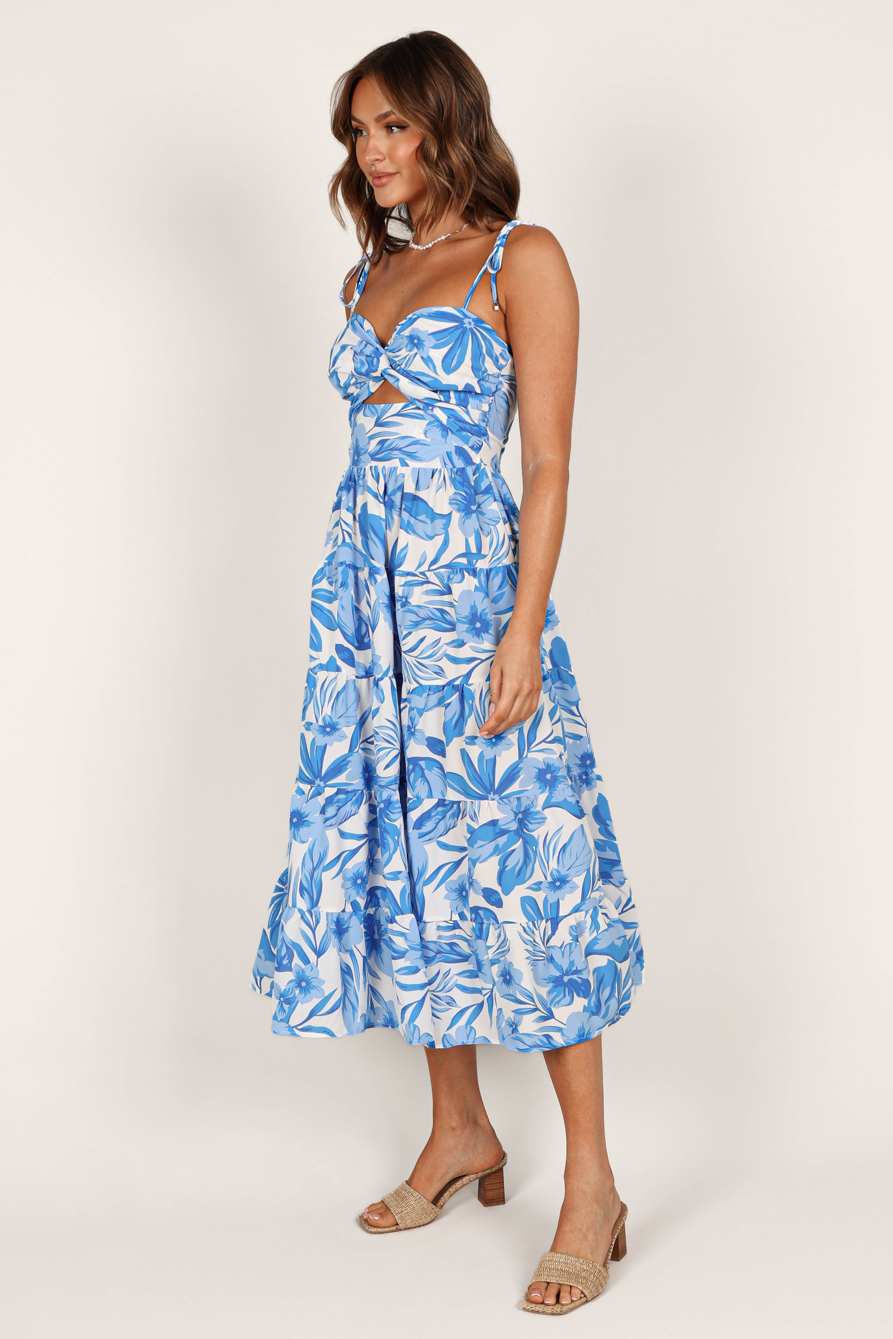Floral Midi Dress with V-Neck & Adjustable Straps - Blue/White