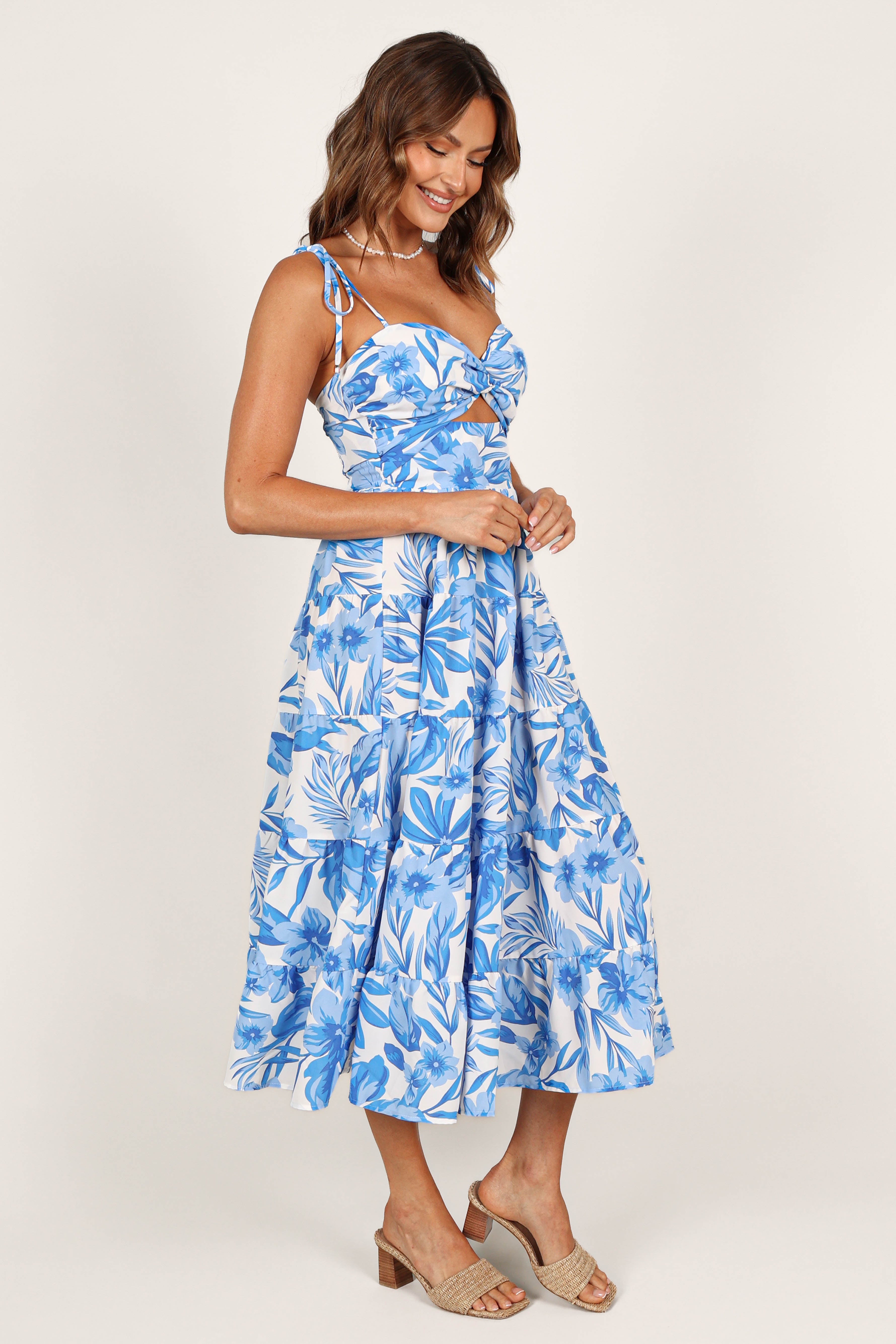 Floral Midi Dress with V-Neck & Adjustable Straps - Blue/White