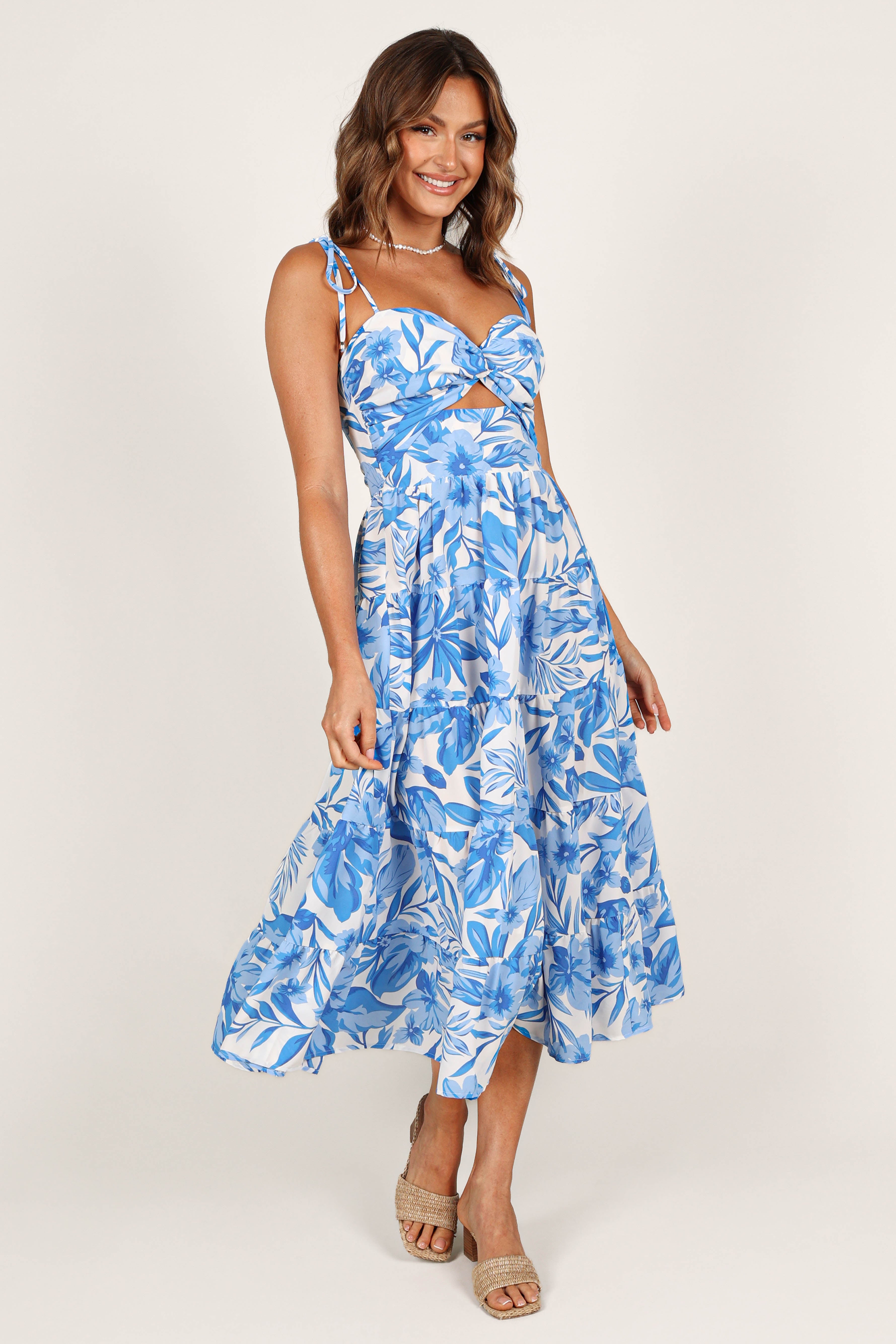 Floral Midi Dress with V-Neck & Adjustable Straps - Blue/White