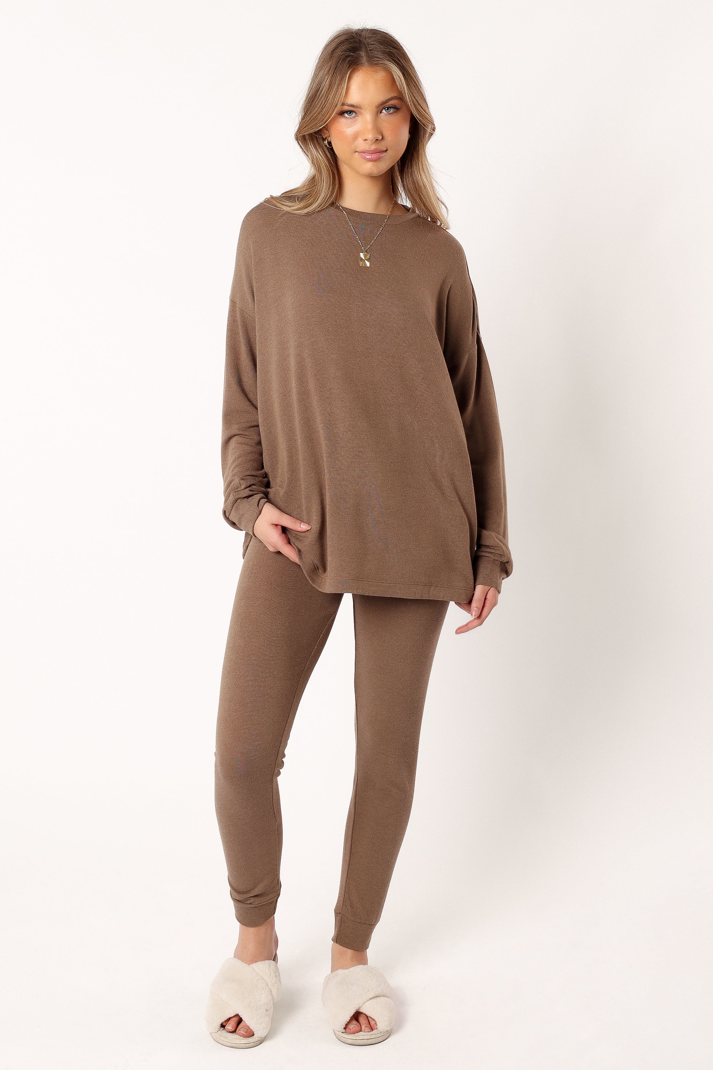 Women's Mocha Two Piece Set - Long Sleeve Top & Elastic Waist Pants