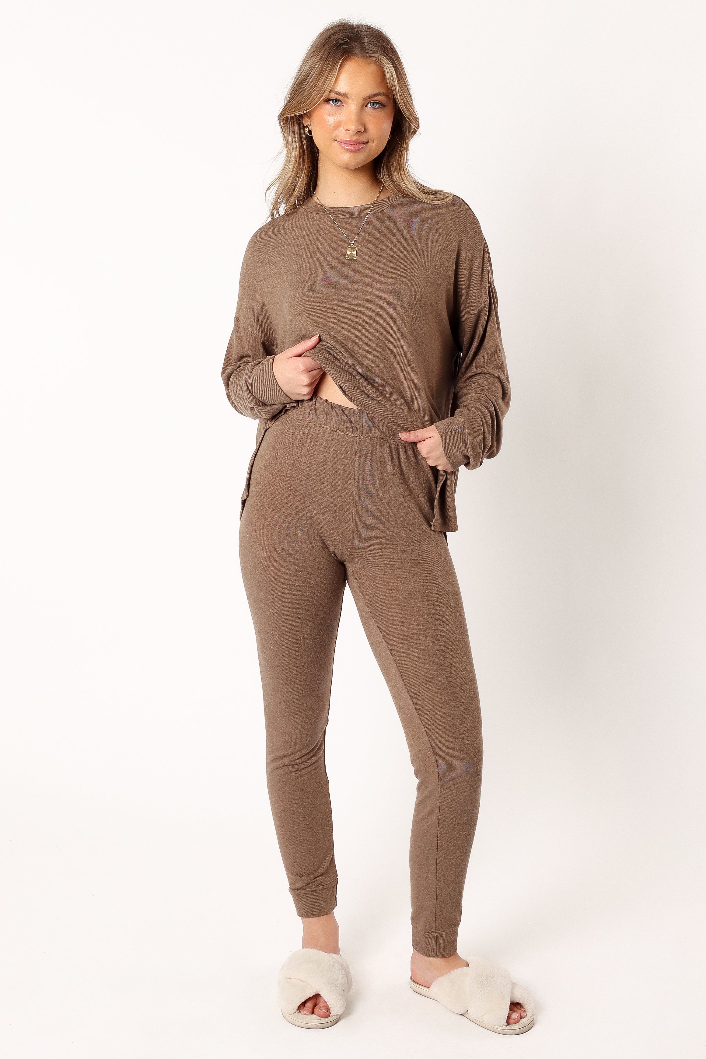 Women's Mocha Two Piece Set - Long Sleeve Top & Elastic Waist Pants