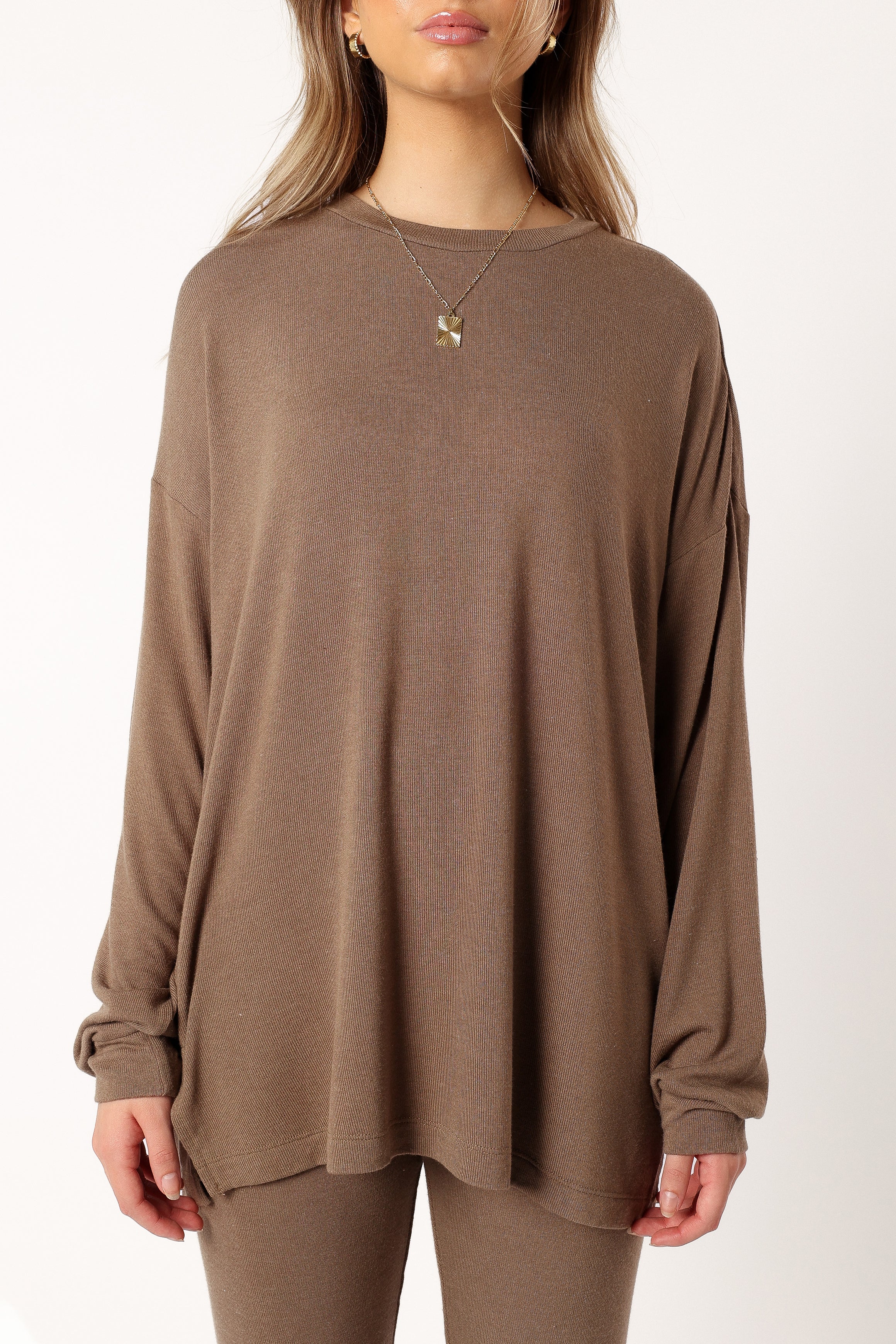 Women's Mocha Two Piece Set - Long Sleeve Top & Elastic Waist Pants