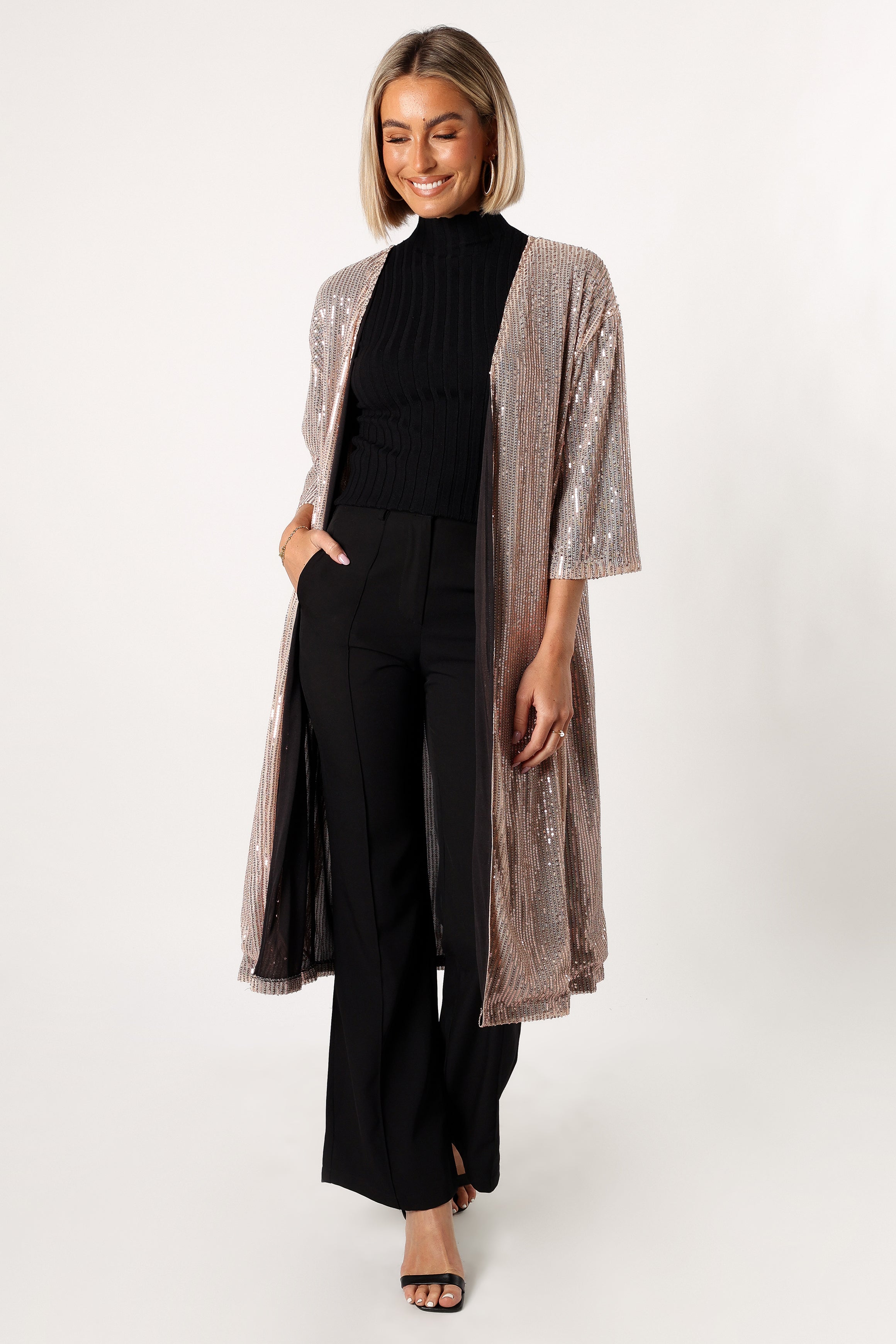Gold Sequin Duster Coat - Jayleen Elegant 3/4 Sleeve