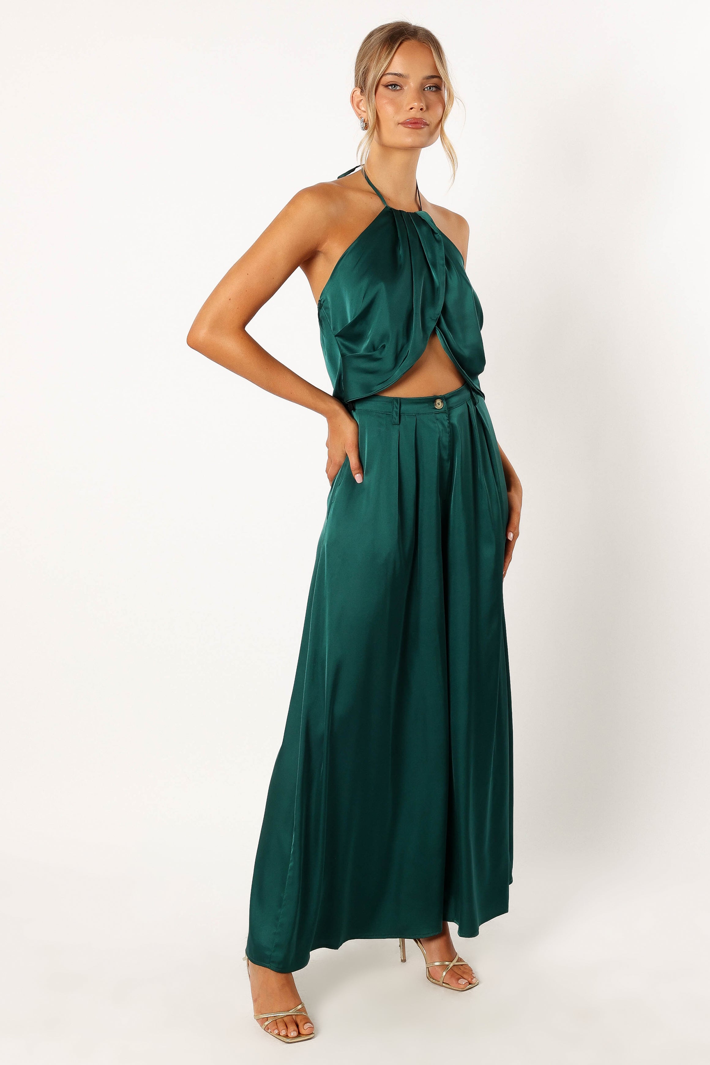 Emerald Satin Pant Set for Women - Estelle Party Outfit