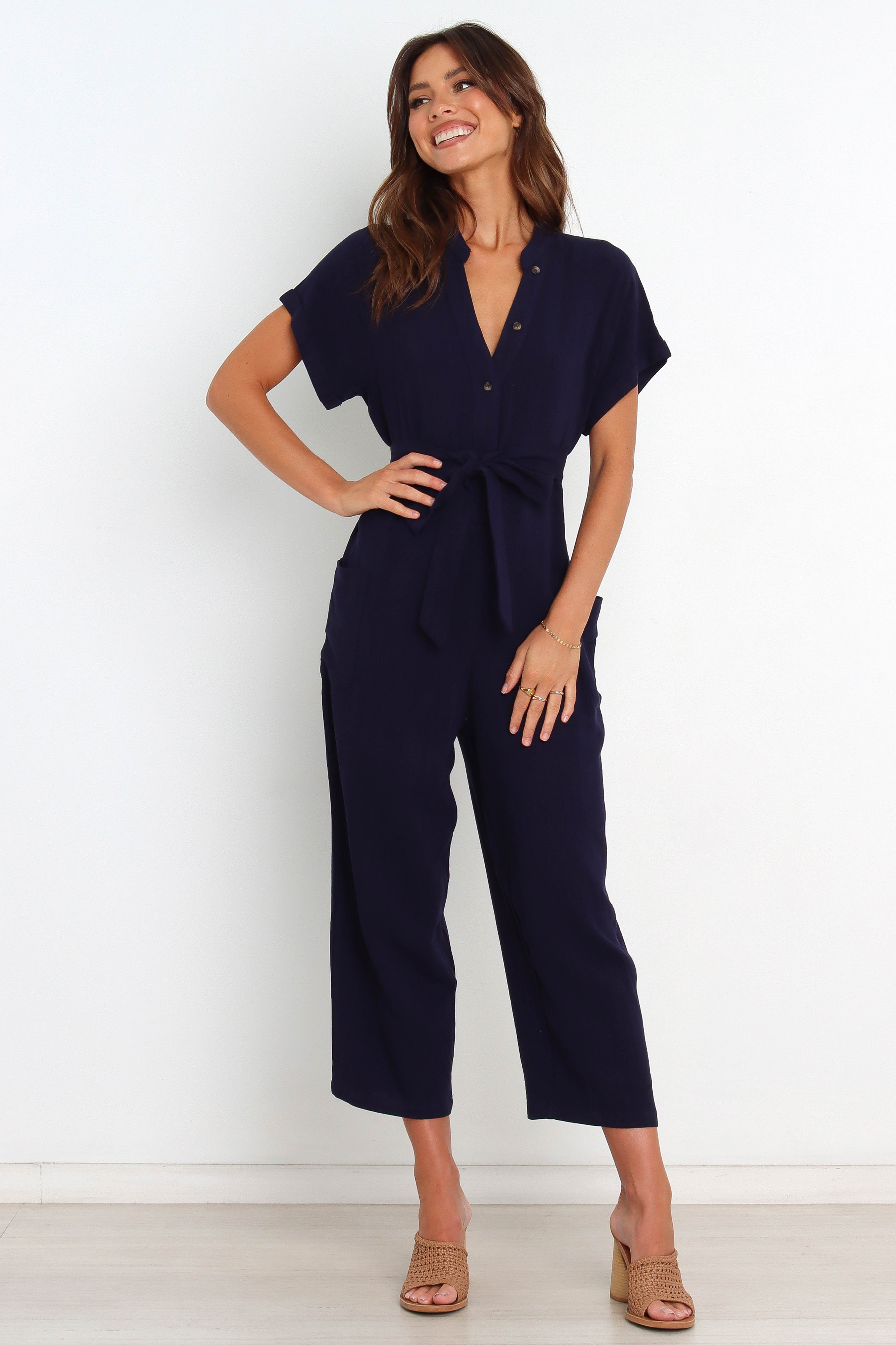 Navy Linen Jumpsuit with Detachable Waist Tie – Archie