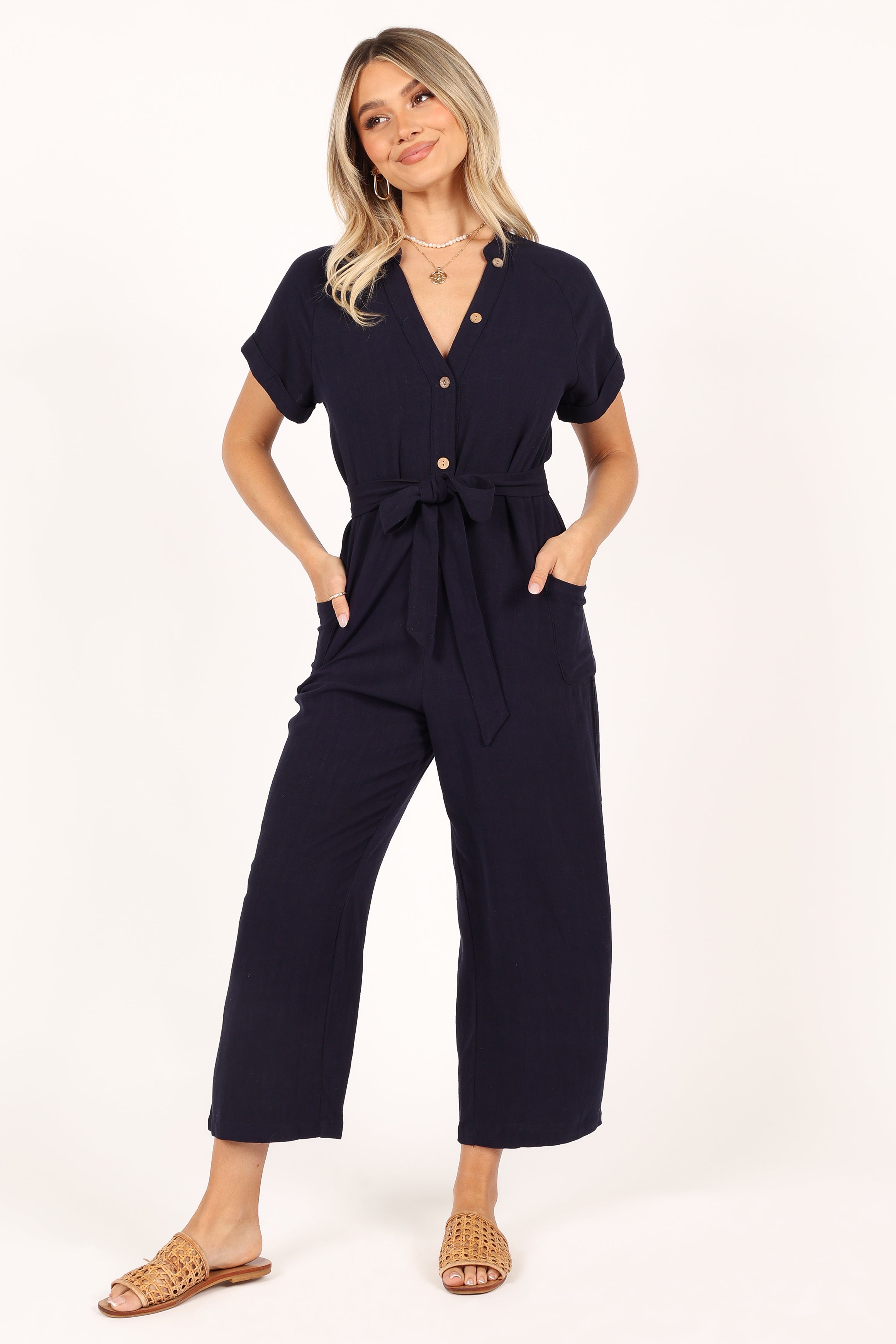 Navy Linen Jumpsuit with Detachable Waist Tie – Archie