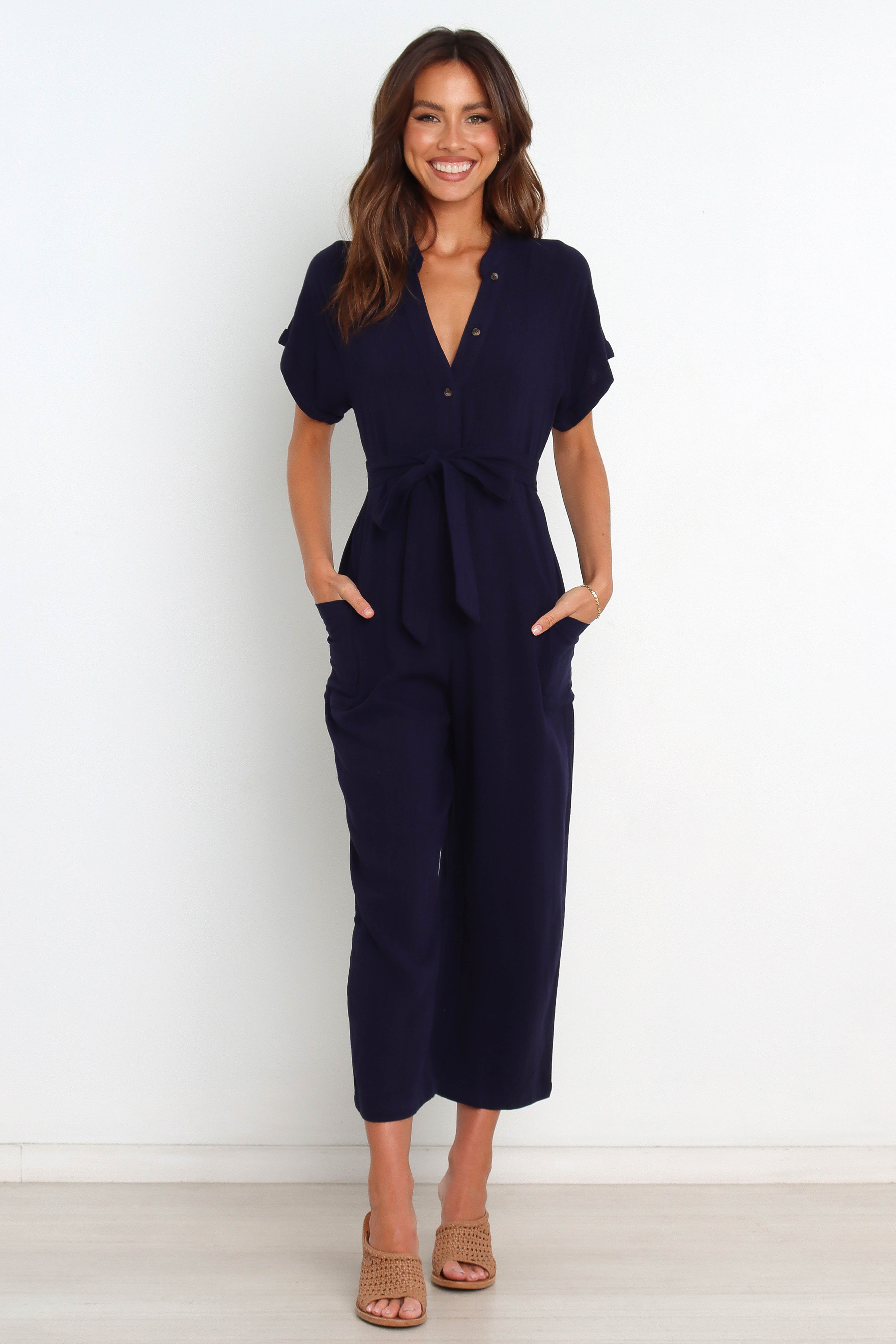 Navy Linen Jumpsuit with Detachable Waist Tie – Archie