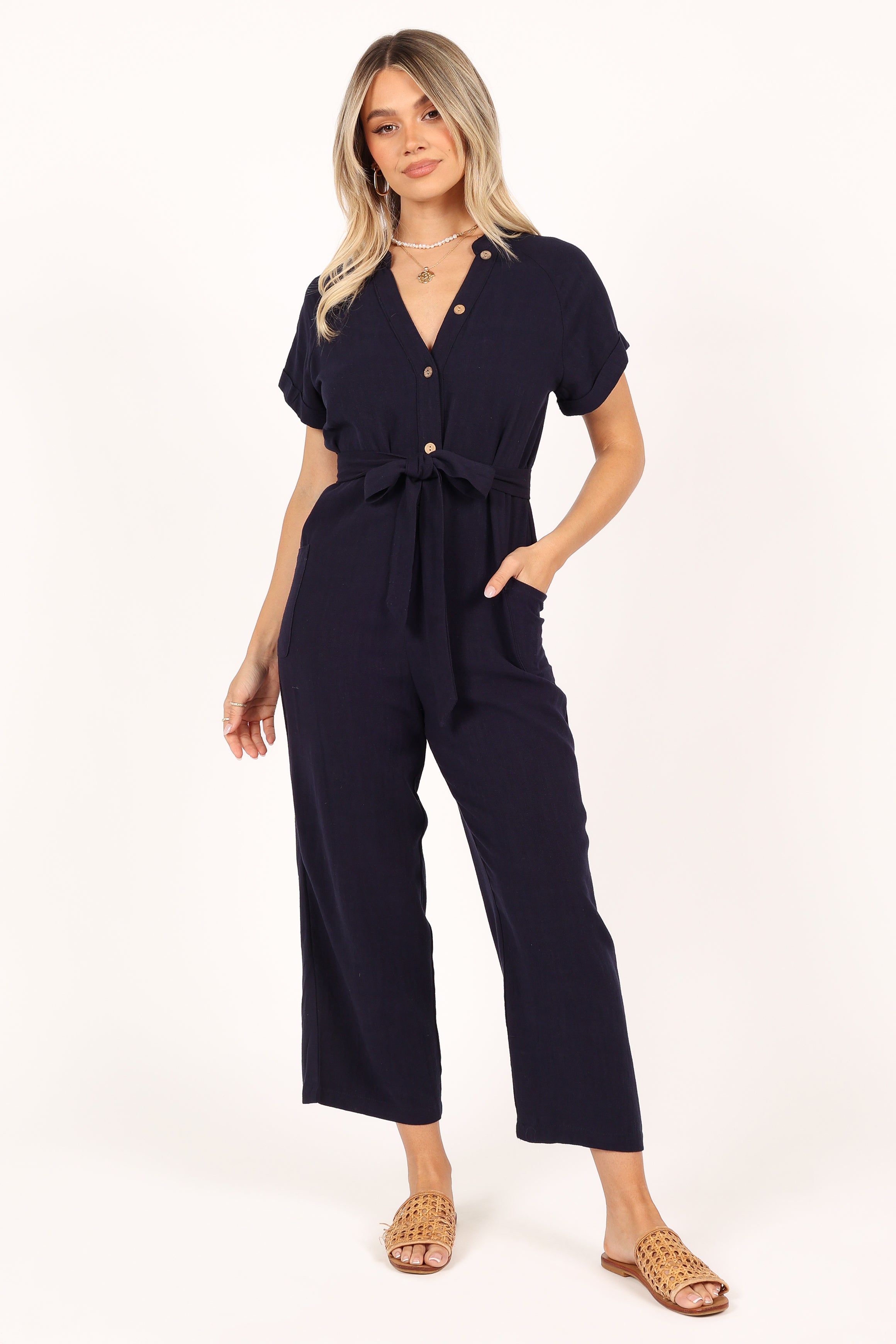 Navy Linen Jumpsuit with Detachable Waist Tie – Archie