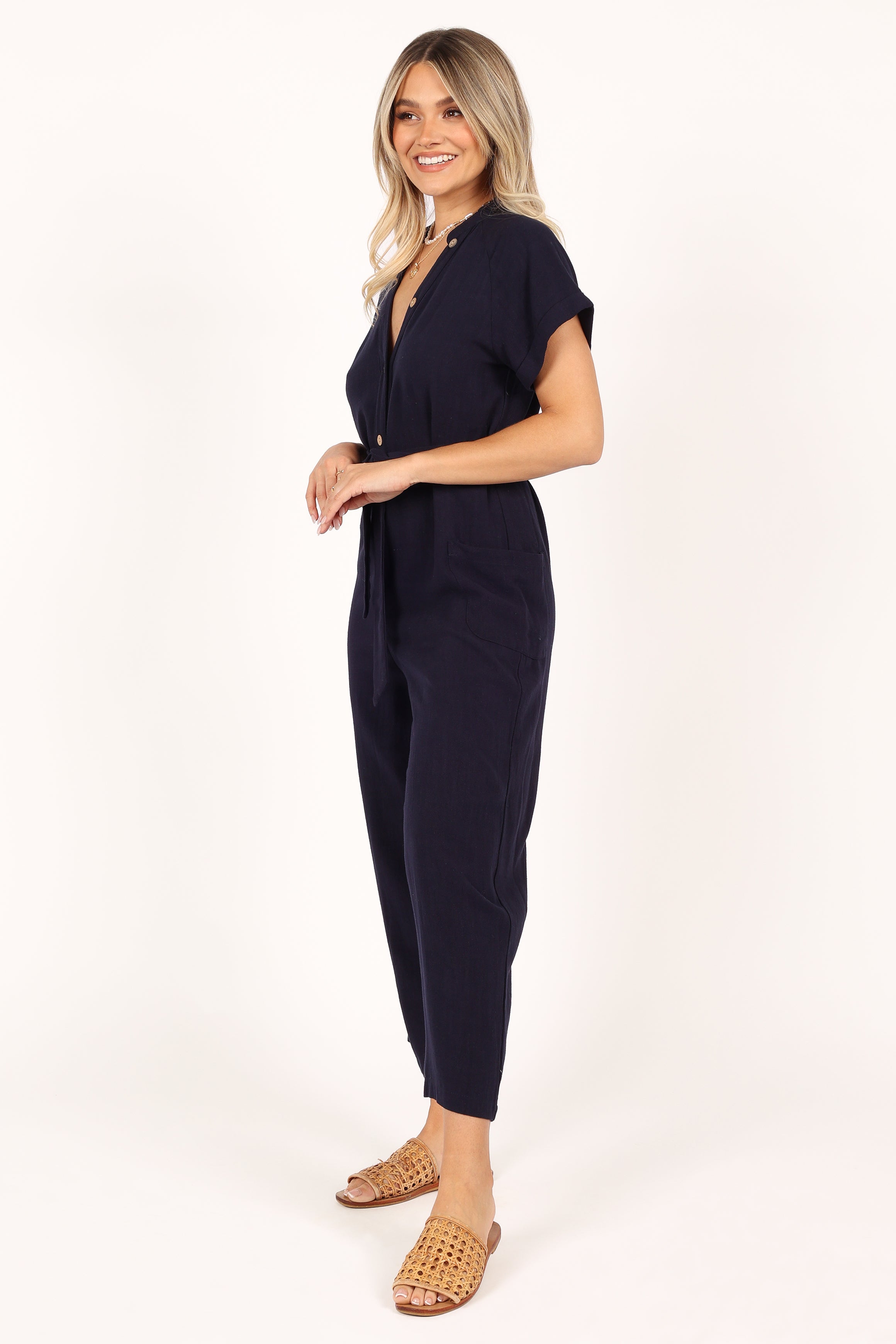 Navy Linen Jumpsuit with Detachable Waist Tie – Archie