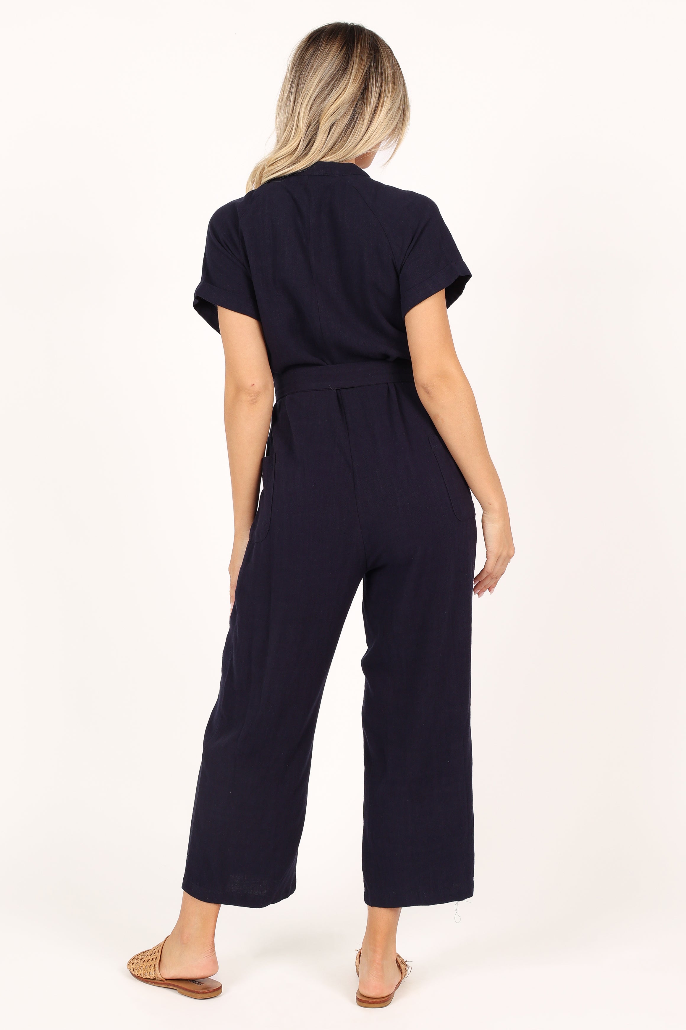 Navy Linen Jumpsuit with Detachable Waist Tie – Archie