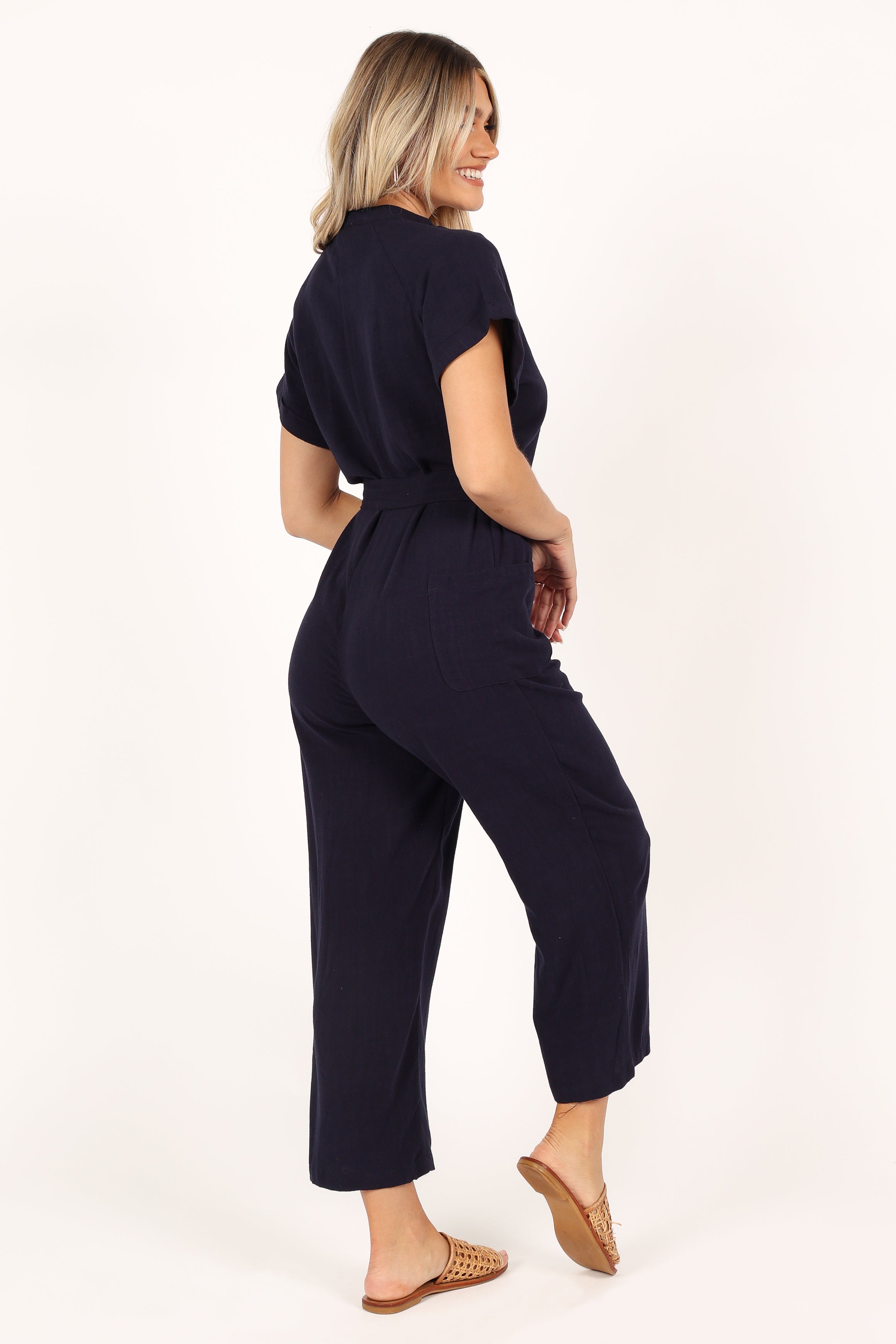 Navy Linen Jumpsuit with Detachable Waist Tie – Archie