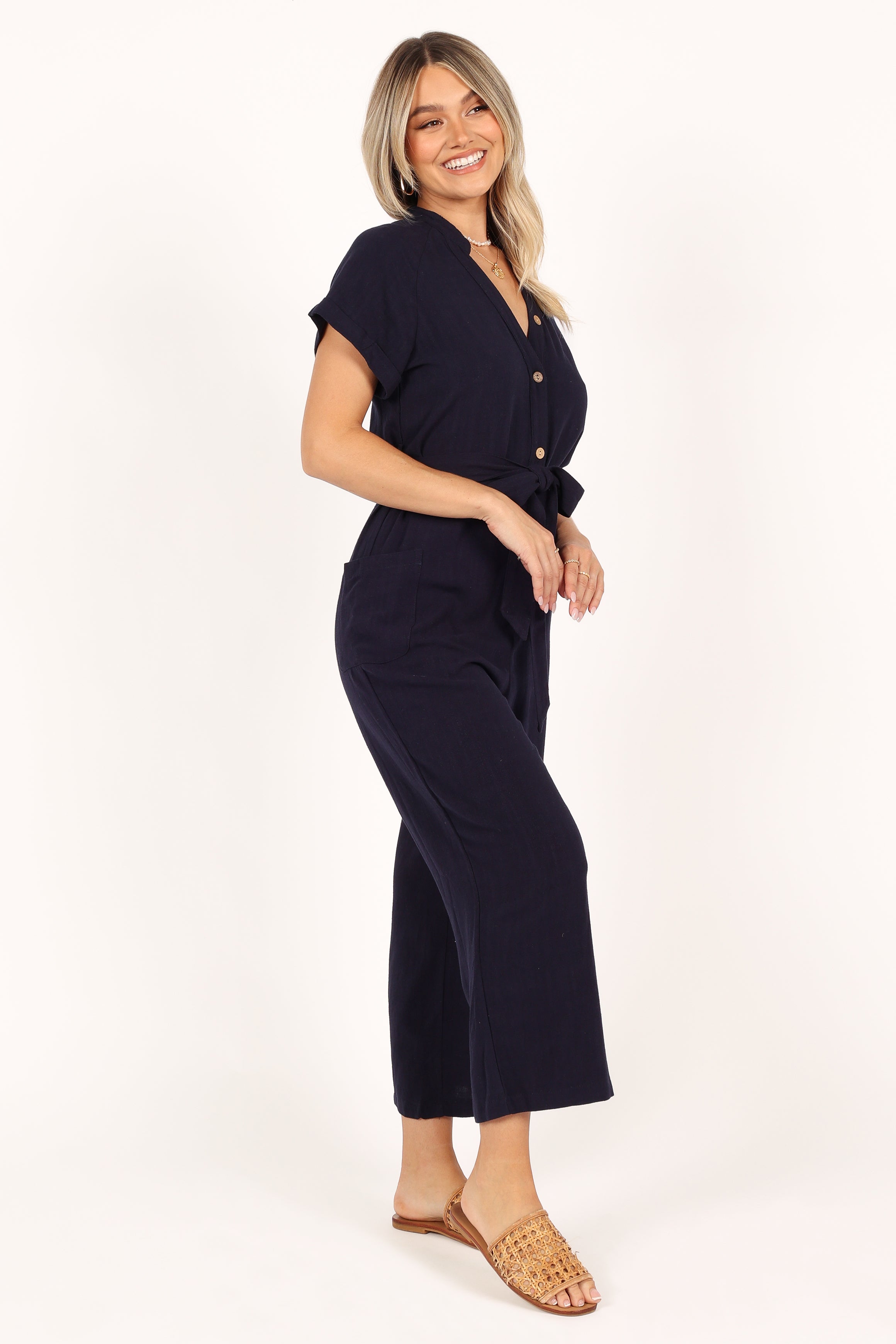 Navy Linen Jumpsuit with Detachable Waist Tie – Archie