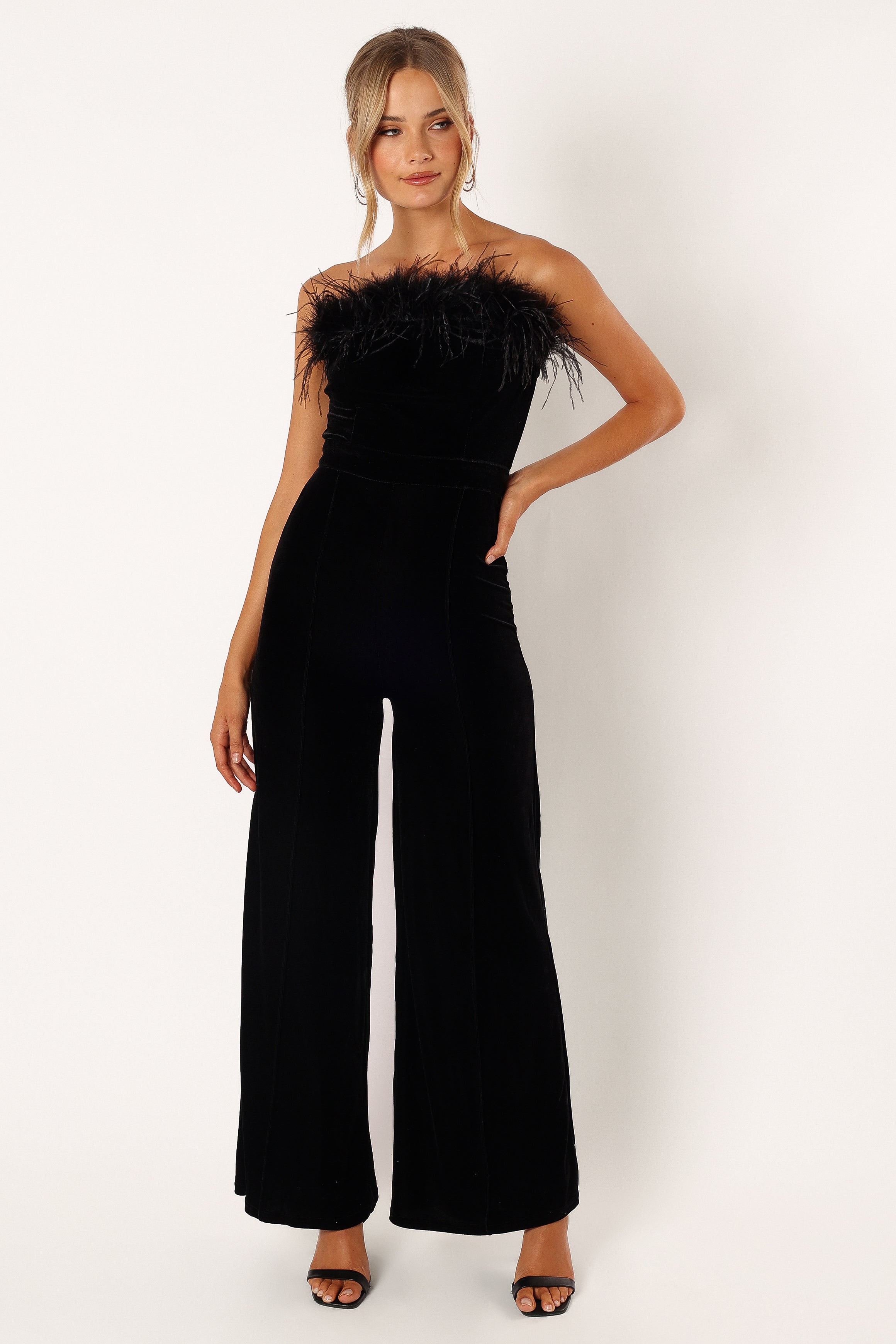 Black Velvet Feather Trim Jumpsuit - Strapless Wide Leg Design