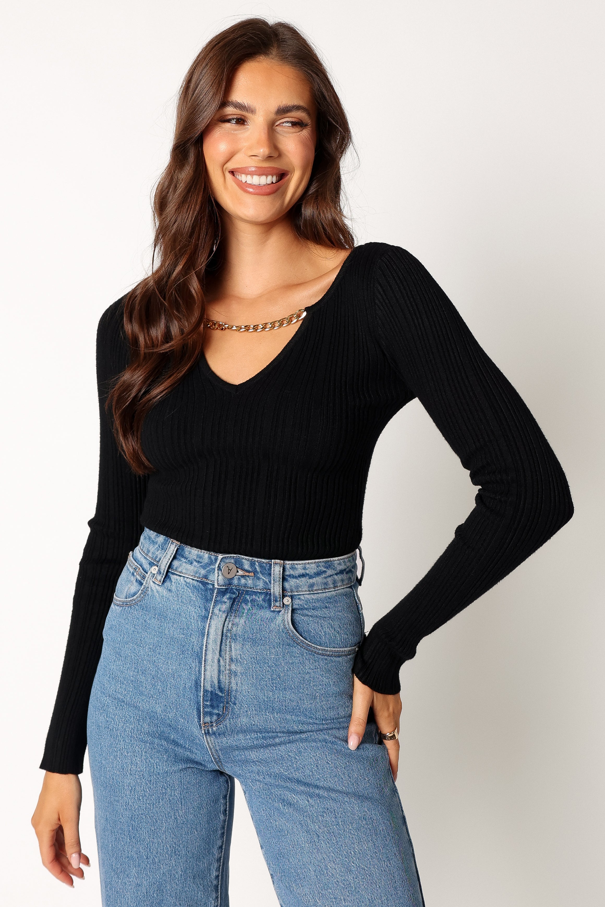 Black Ribbed Knit Bodysuit - Long Sleeve V-Neck with Gold Chain Detail