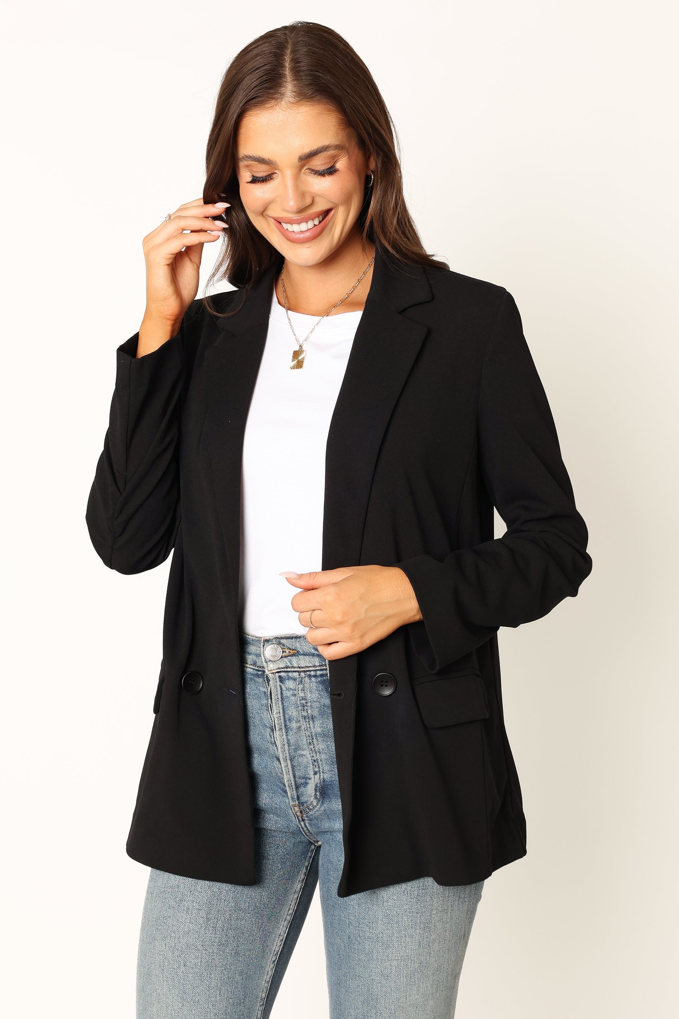 Ailani Black Button Front Blazer for Women - Polyester Spandex Work Jacket