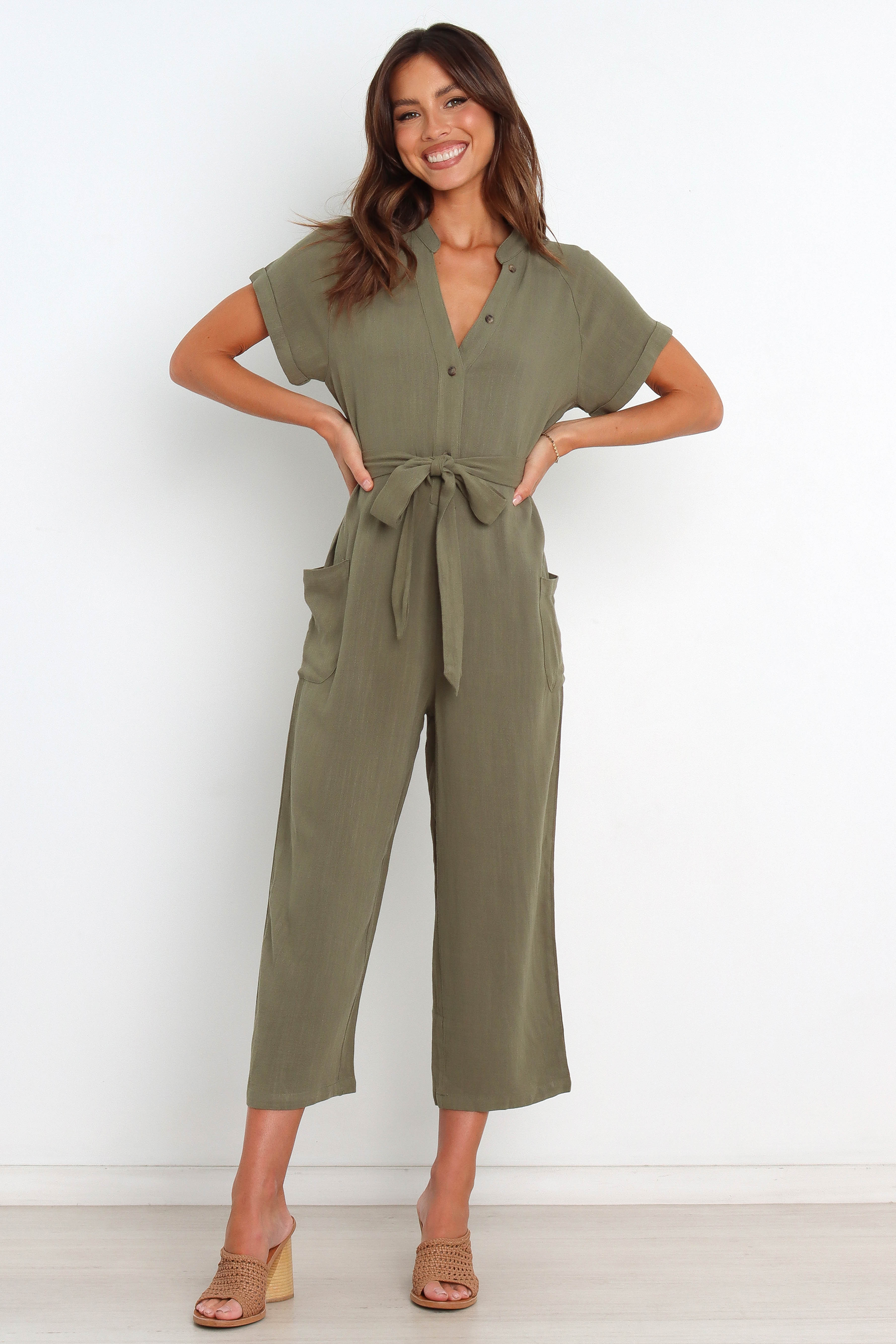 Linen Jumpsuit for Women with Detachable Waist Tie - Archie Olive