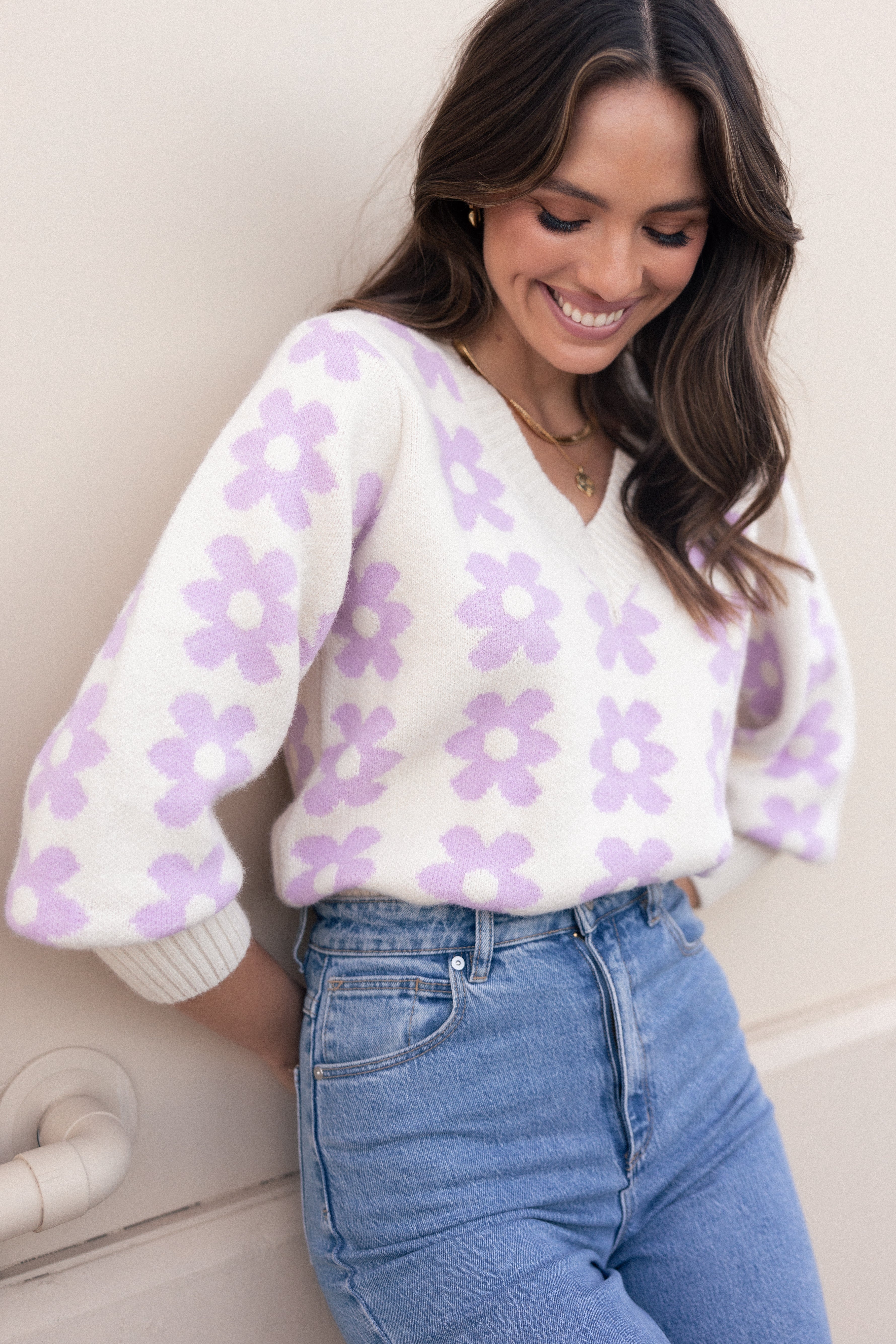 Lilac V-Neck Floral Knit Sweater - Wool Blend Long Sleeve