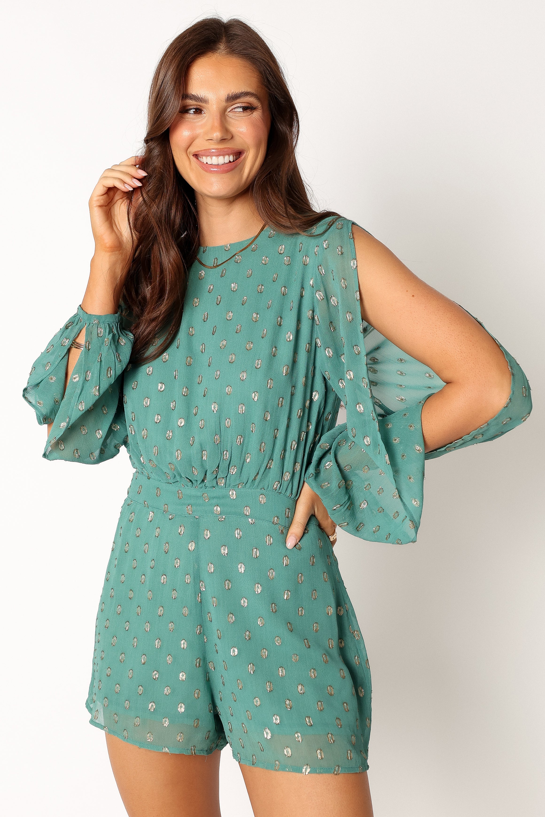 Women's Teal Karma Romper with Cut Out Sleeves & Gold Detail