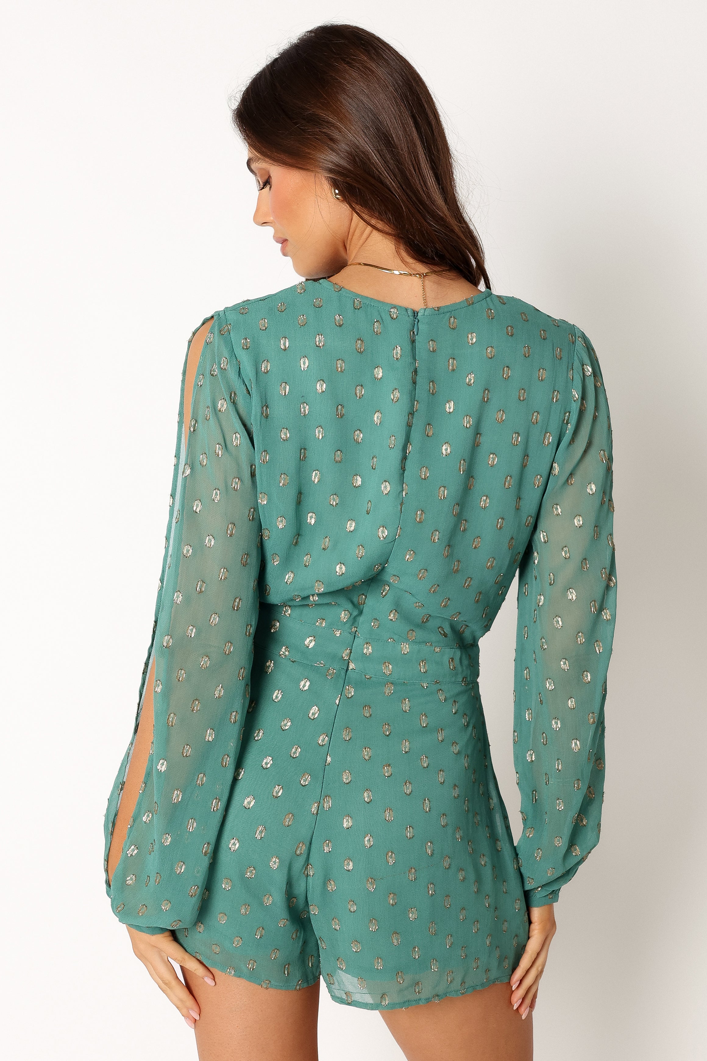 Women's Teal Karma Romper with Cut Out Sleeves & Gold Detail