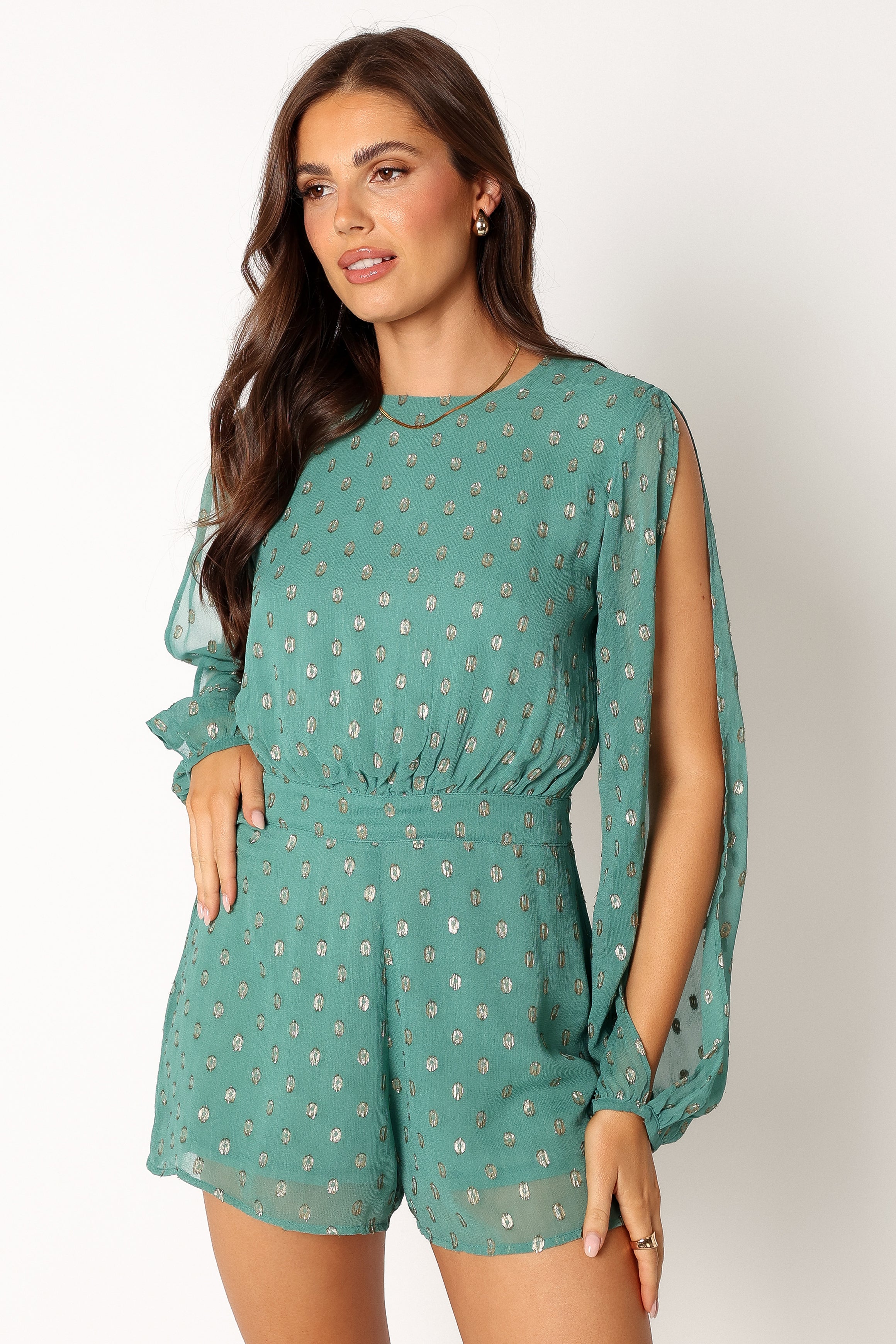 Women's Teal Karma Romper with Cut Out Sleeves & Gold Detail