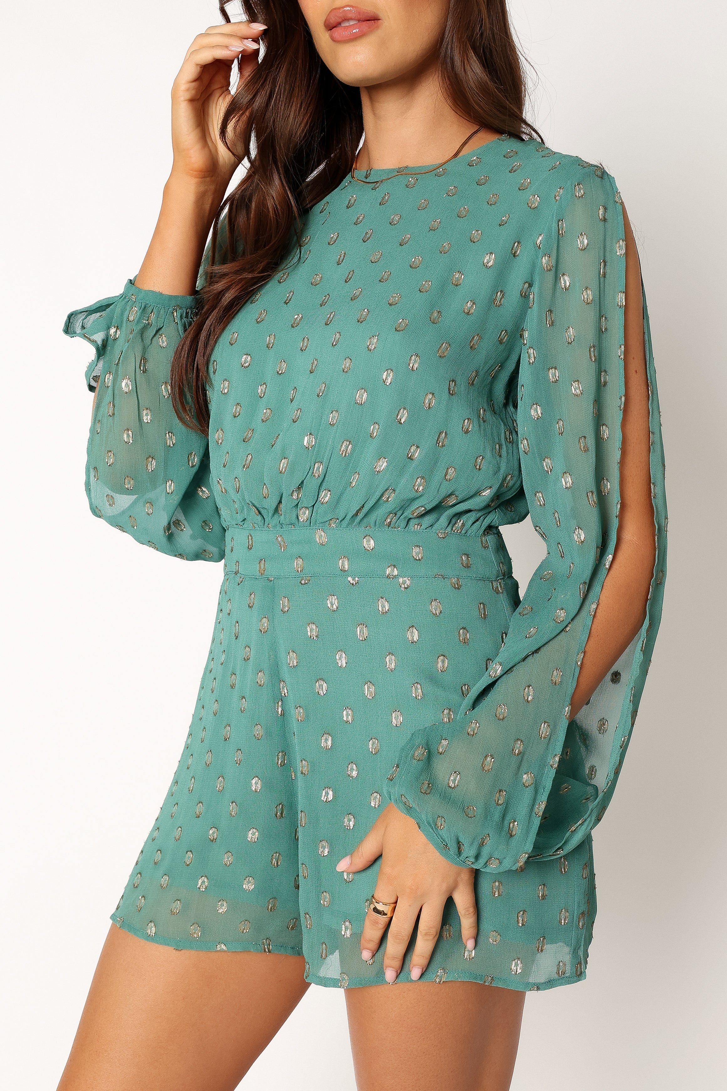 Women's Teal Karma Romper with Cut Out Sleeves & Gold Detail
