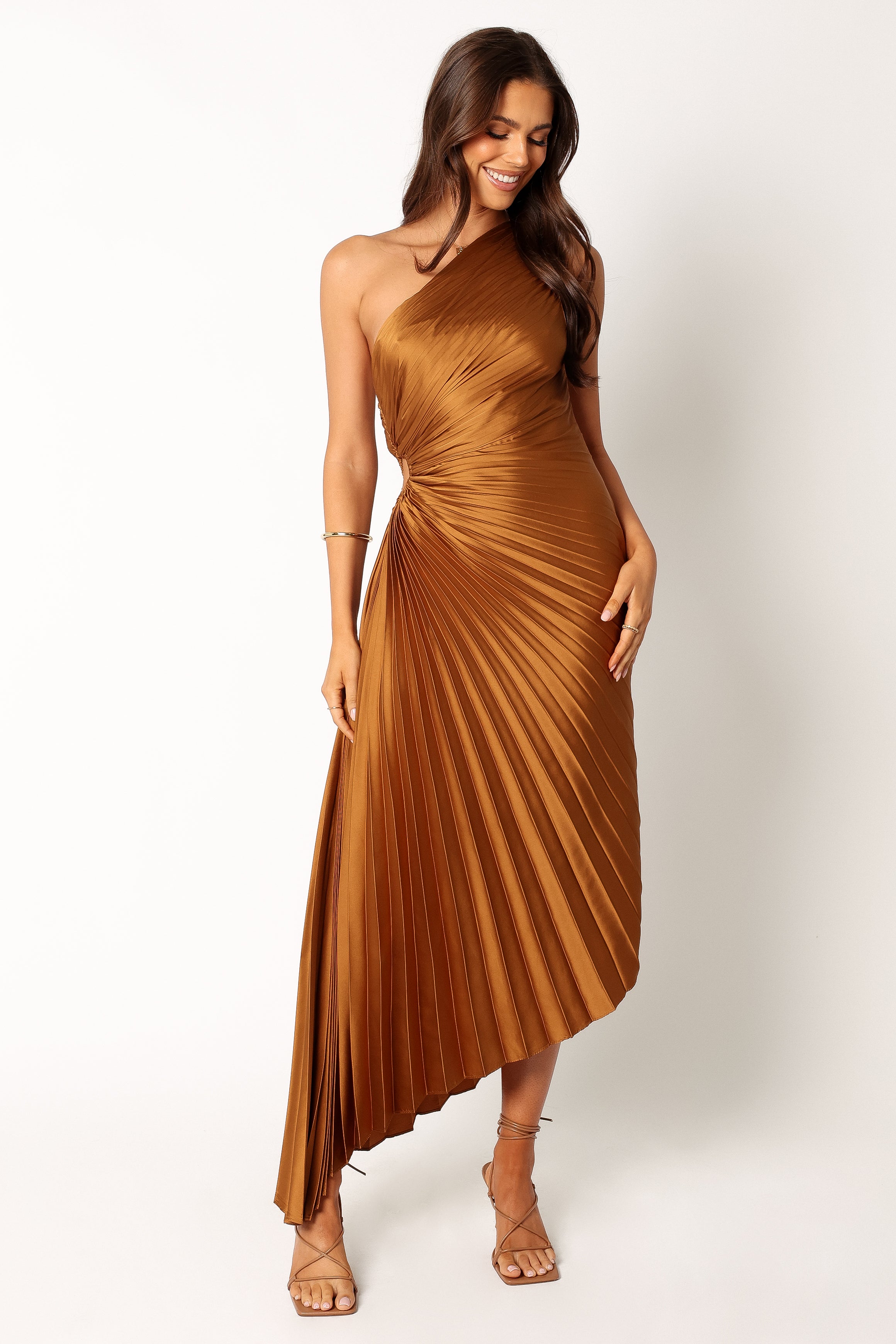 Kleo Golden Ochre One Shoulder Pleated Maxi Dress