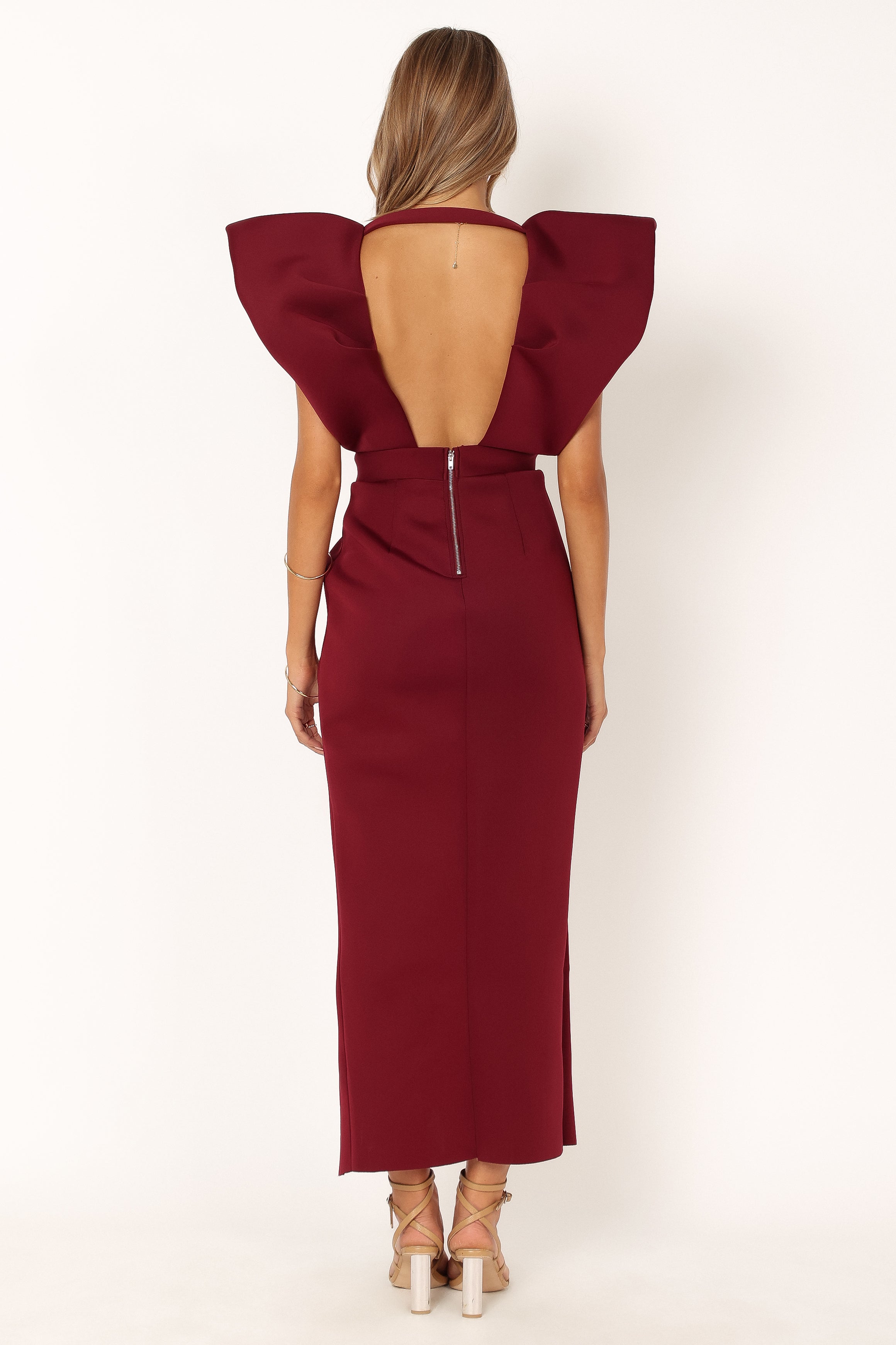 Burgundy Augie Frill Shoulder Maxi Dress with Open Back