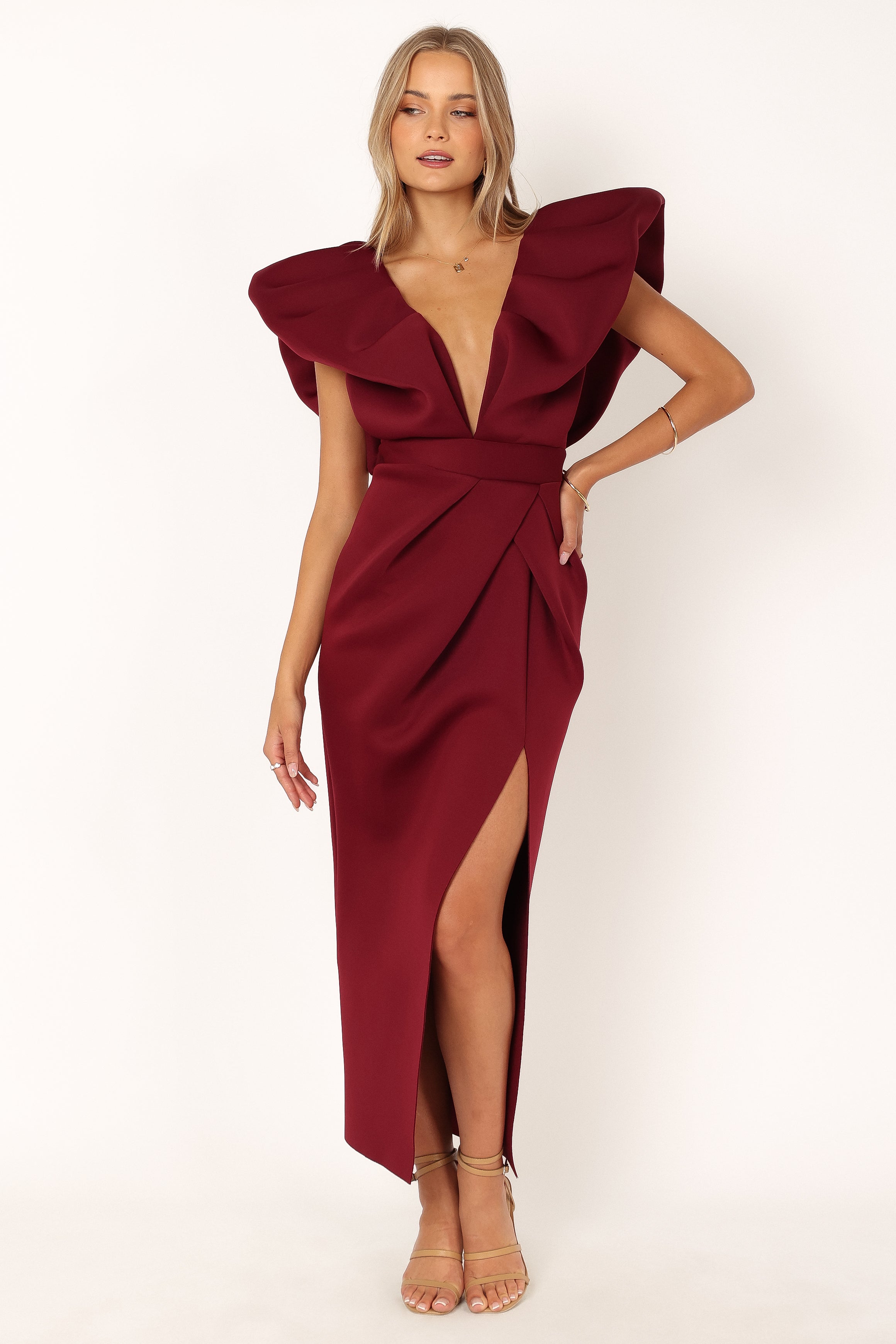 Burgundy Augie Frill Shoulder Maxi Dress with Open Back