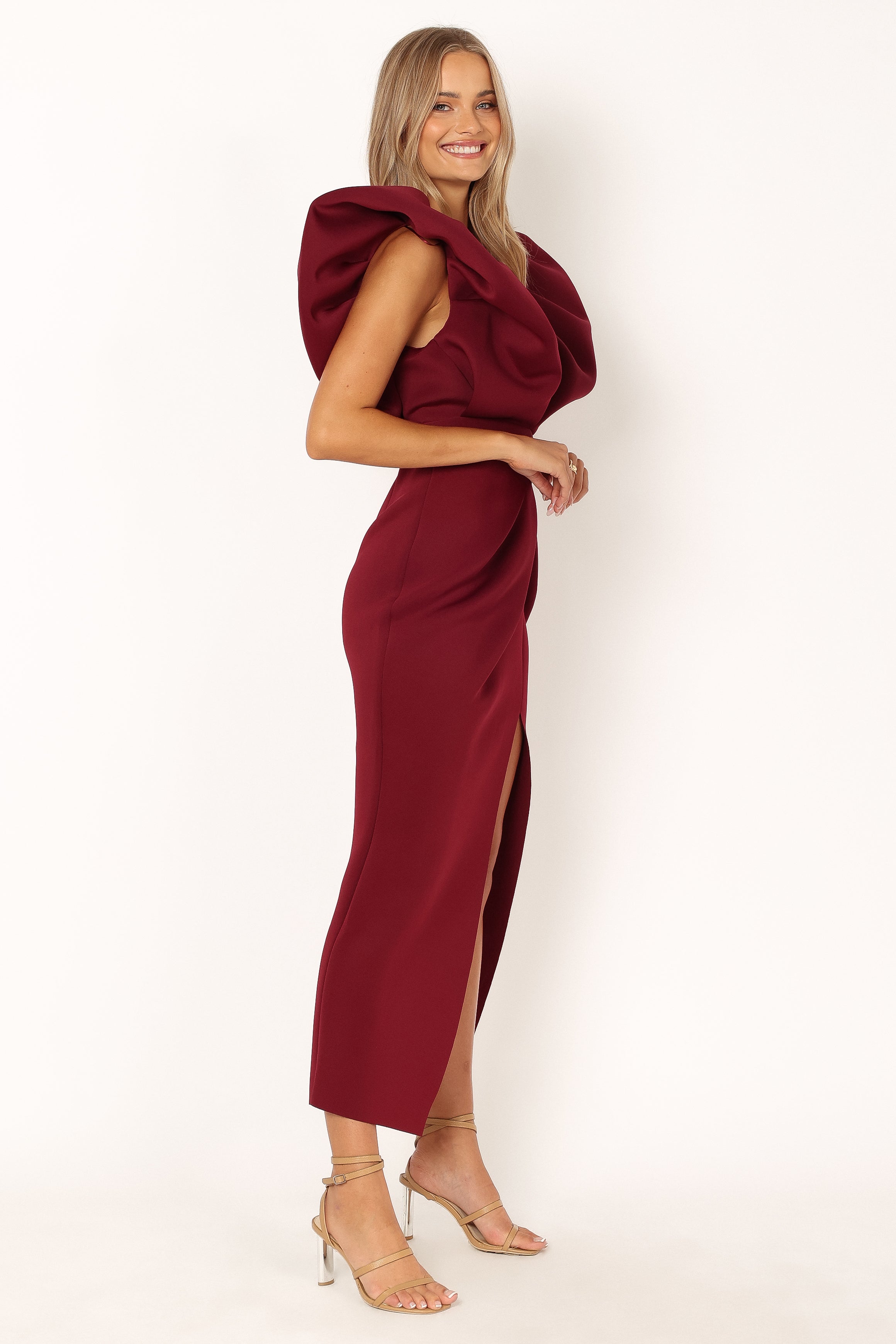 Burgundy Augie Frill Shoulder Maxi Dress with Open Back