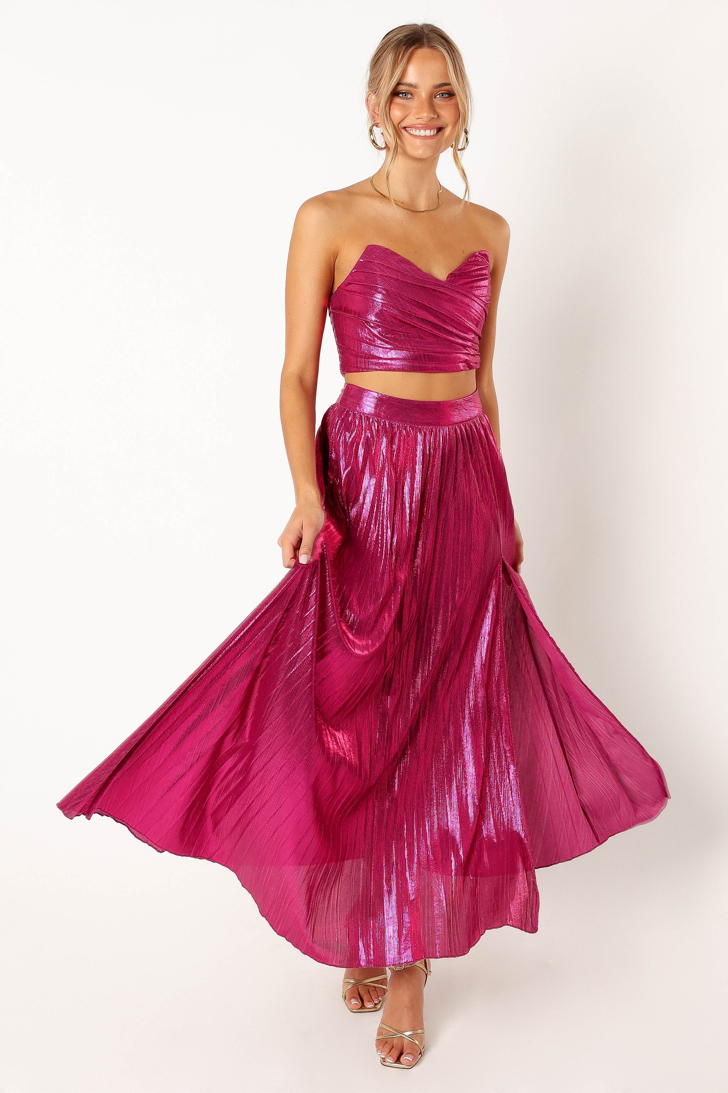 Fuchsia Hana Strapless Two Piece Set - Cropped Top & Maxi Skirt