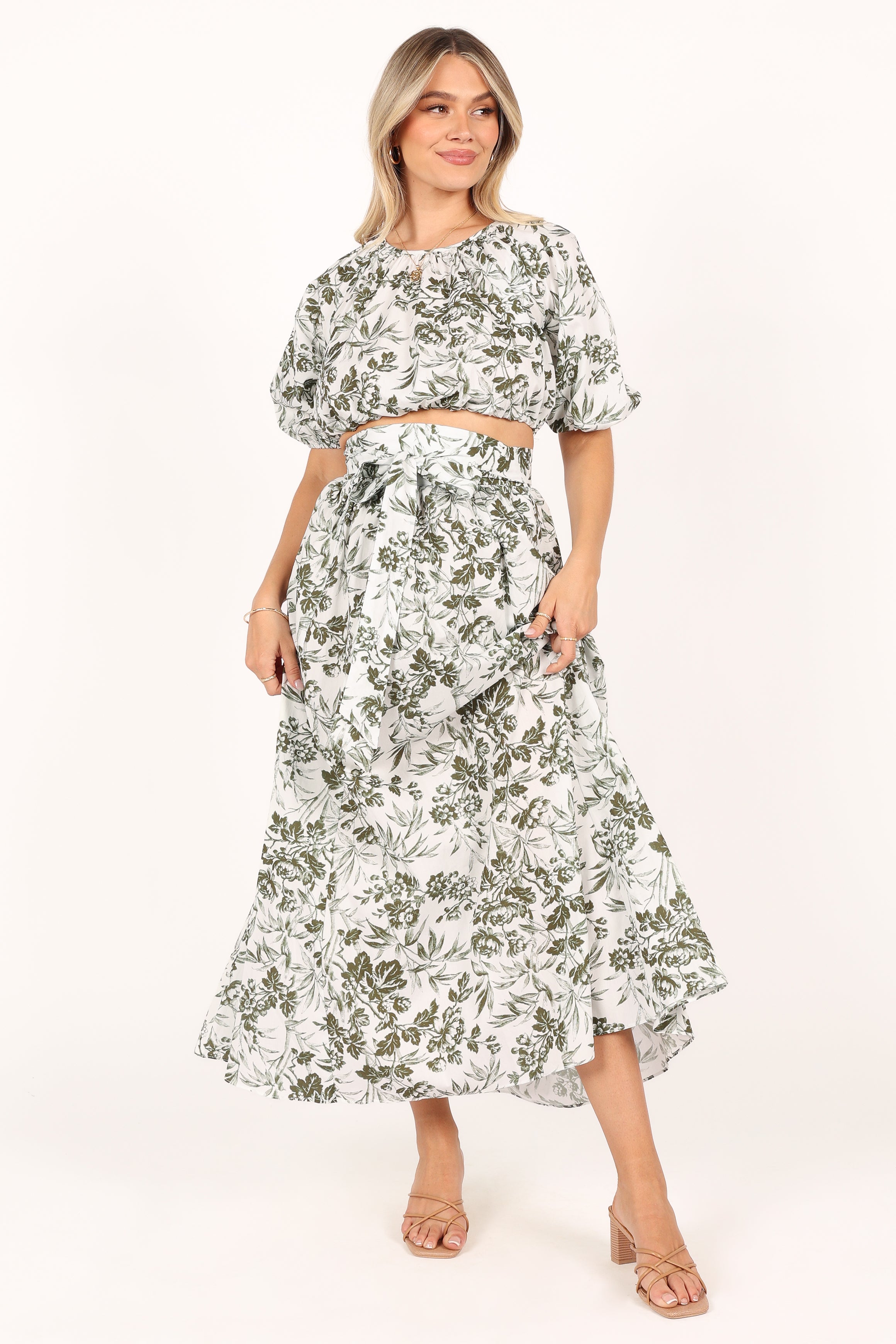 Women's Green Floral Cotton Top & Skirt Set - Delilah Summer Outfit