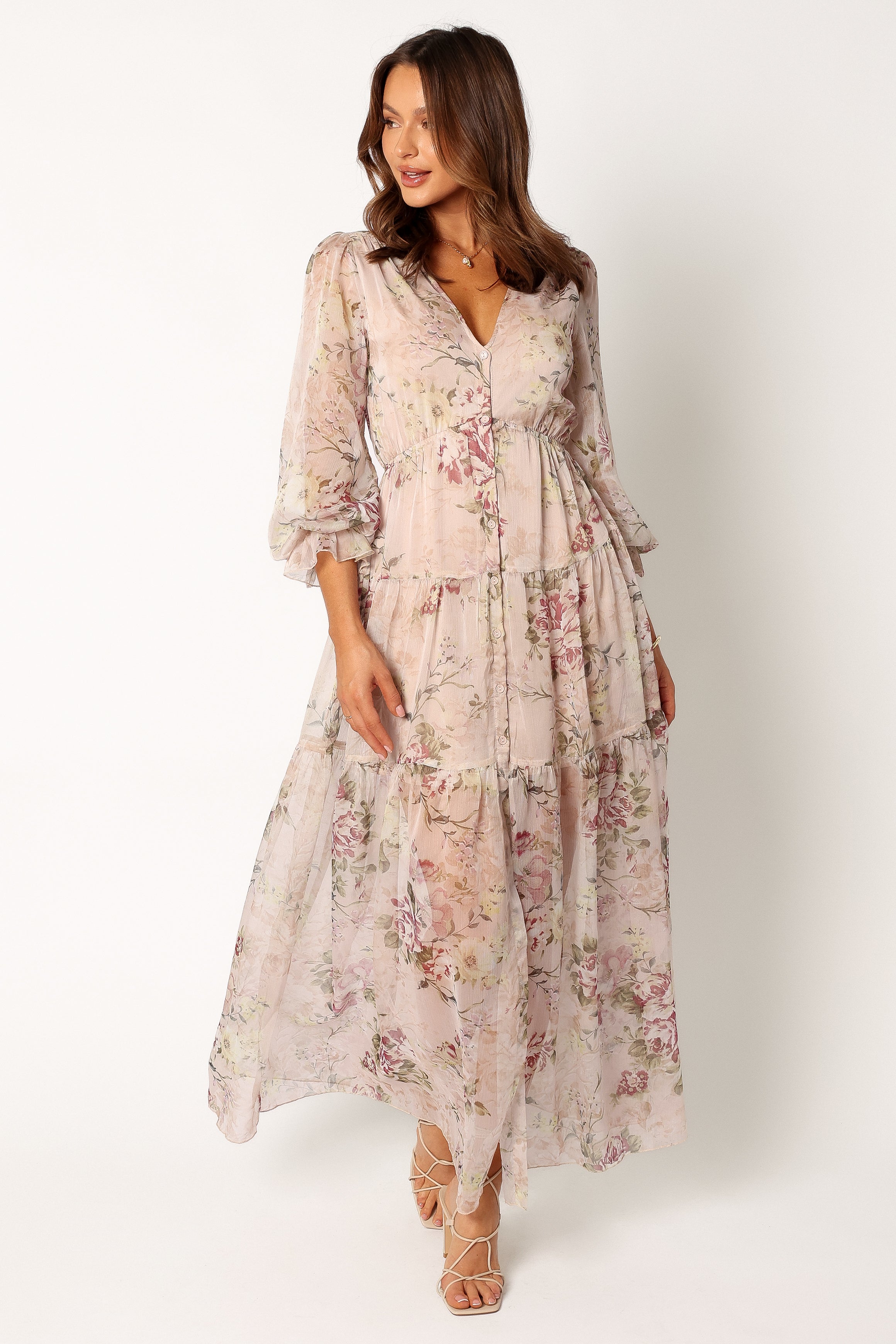 Floral Print Maria Long Sleeve Maxi Dress with V-Neck