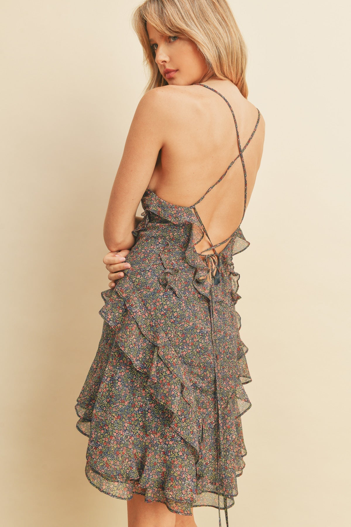 Vivienne Floral Print V-Neck Mini Dress - Navy Polyester