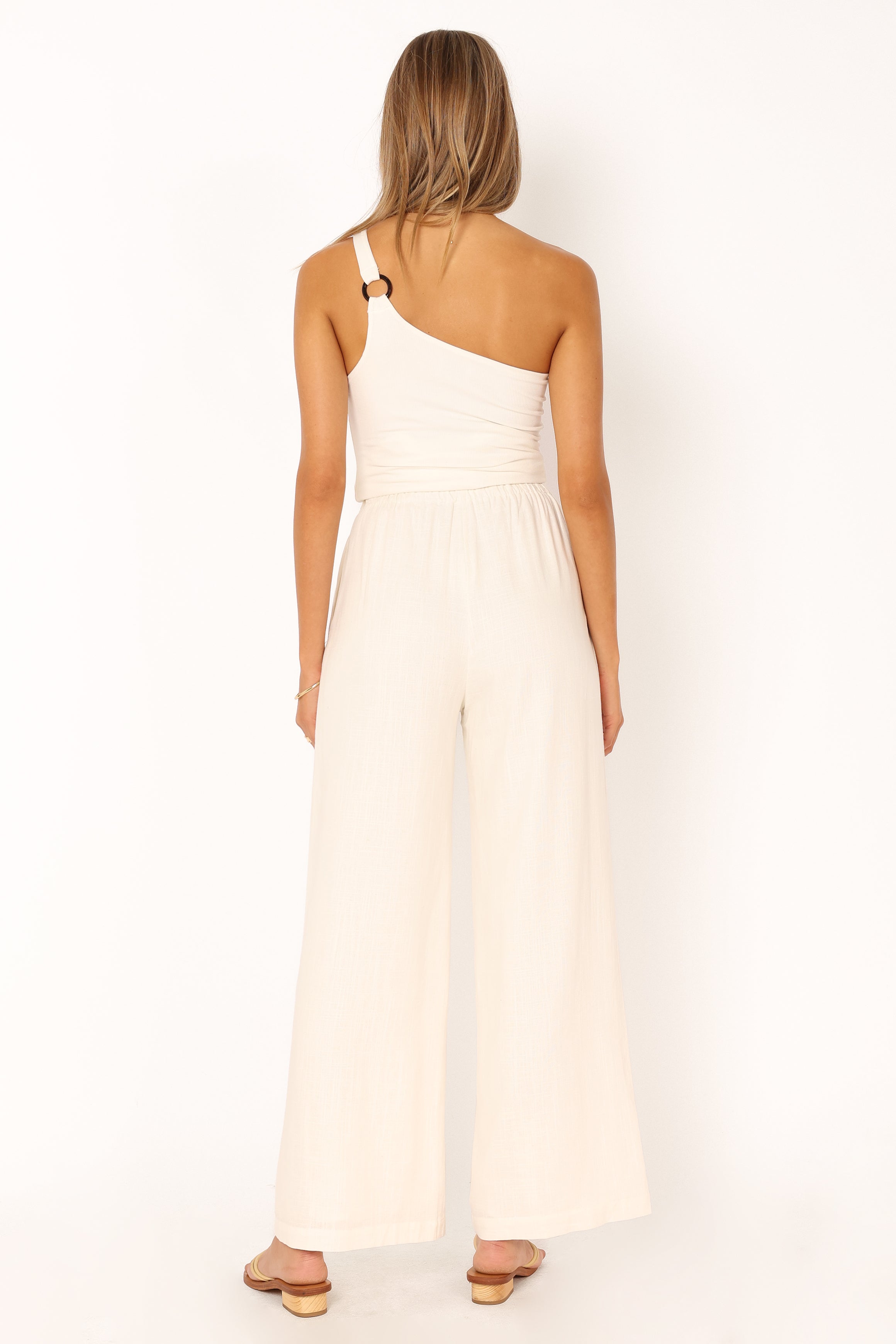 Women's White Wide Leg Linen Pants - High Waisted with Drawstring