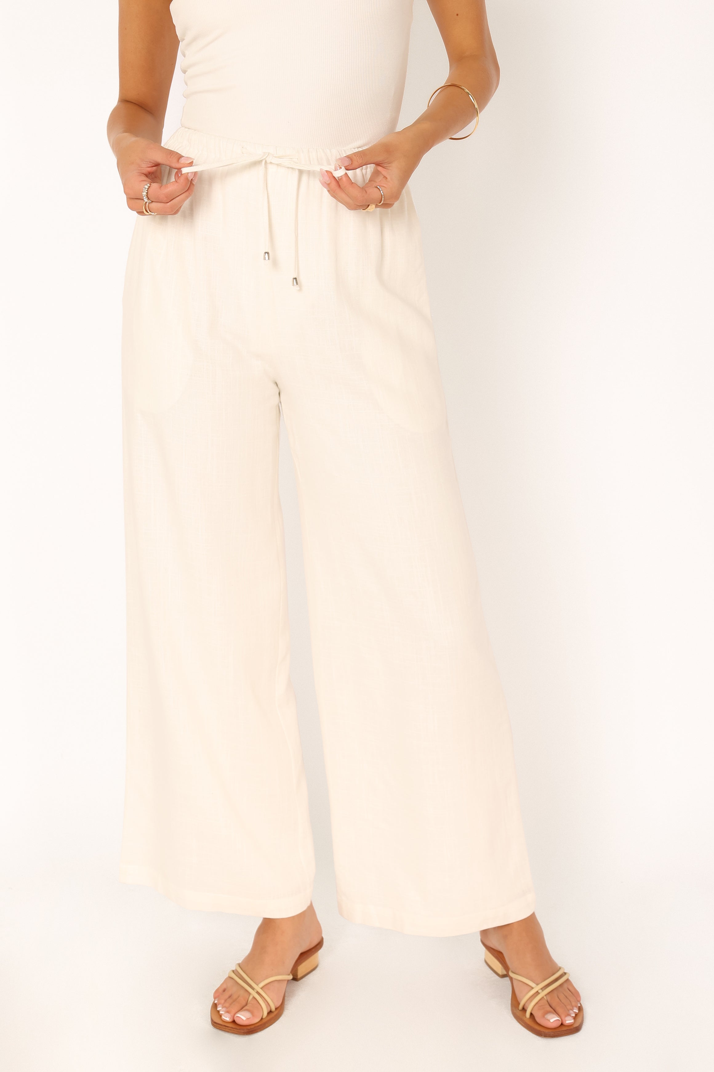 Women's White Wide Leg Linen Pants - High Waisted with Drawstring