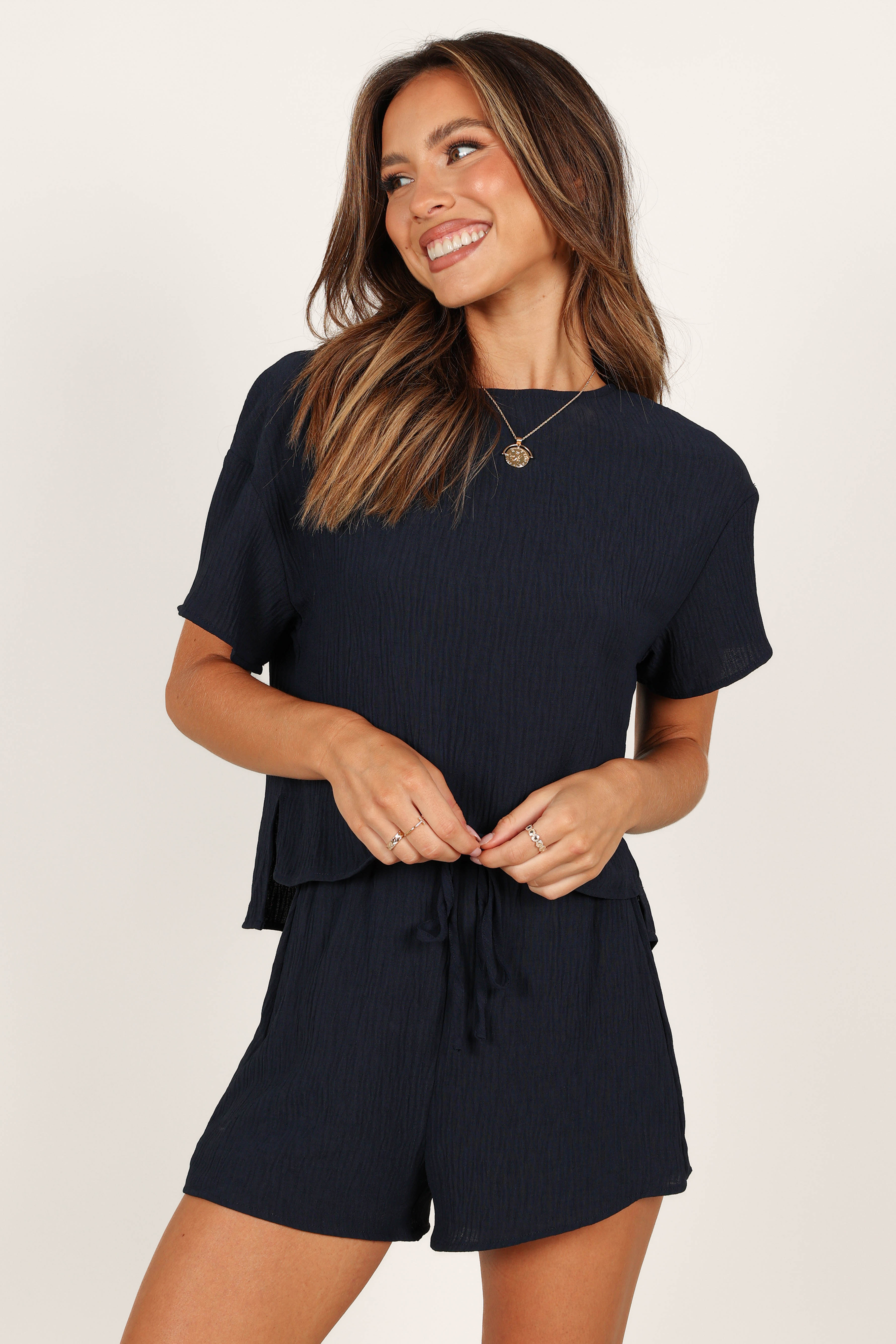 Navy Lounge Set - Relaxed Fit Shorts & Top with Side Splits