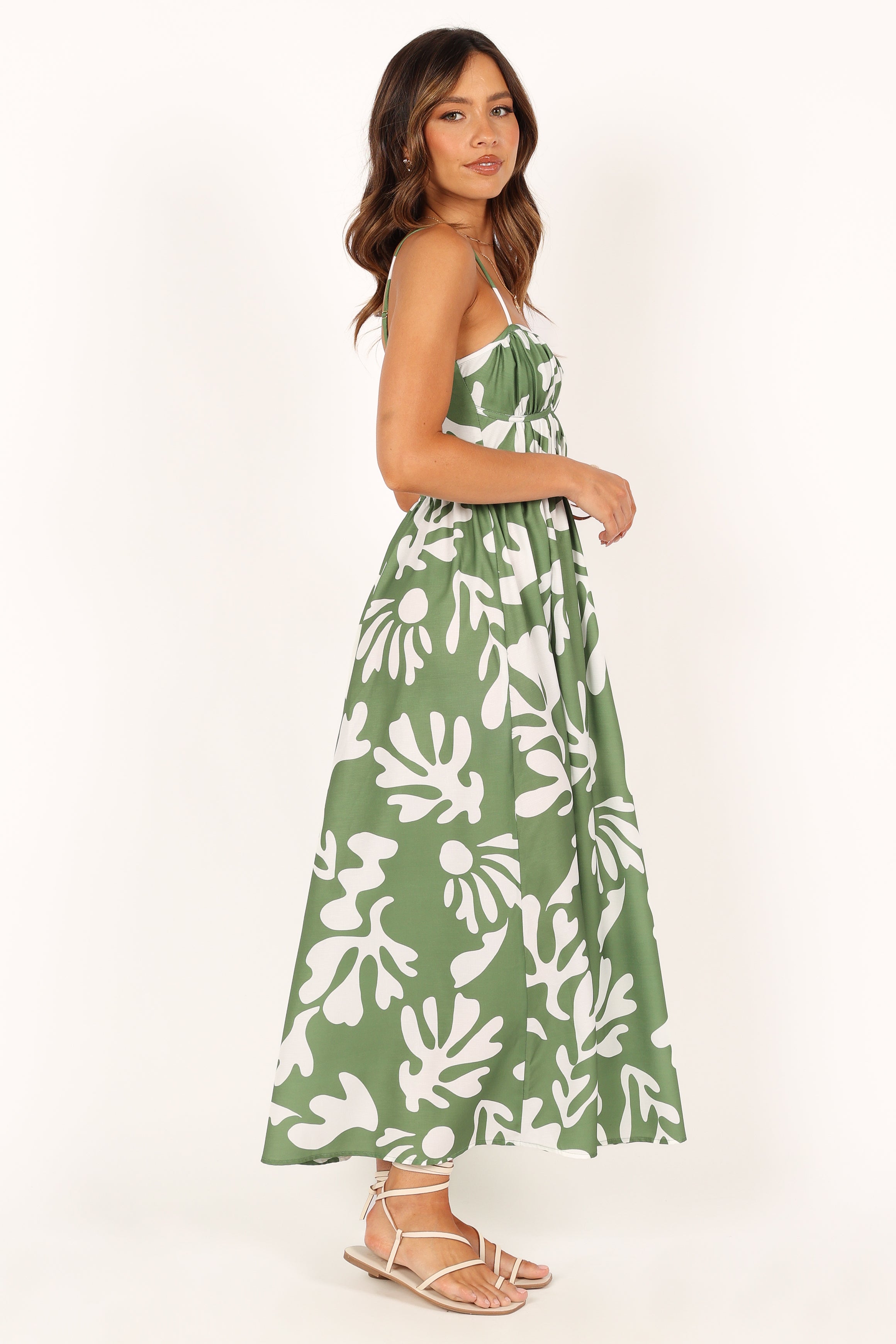 Khaki Sweetheart Neckline Midi Dress with Adjustable Straps - Payton