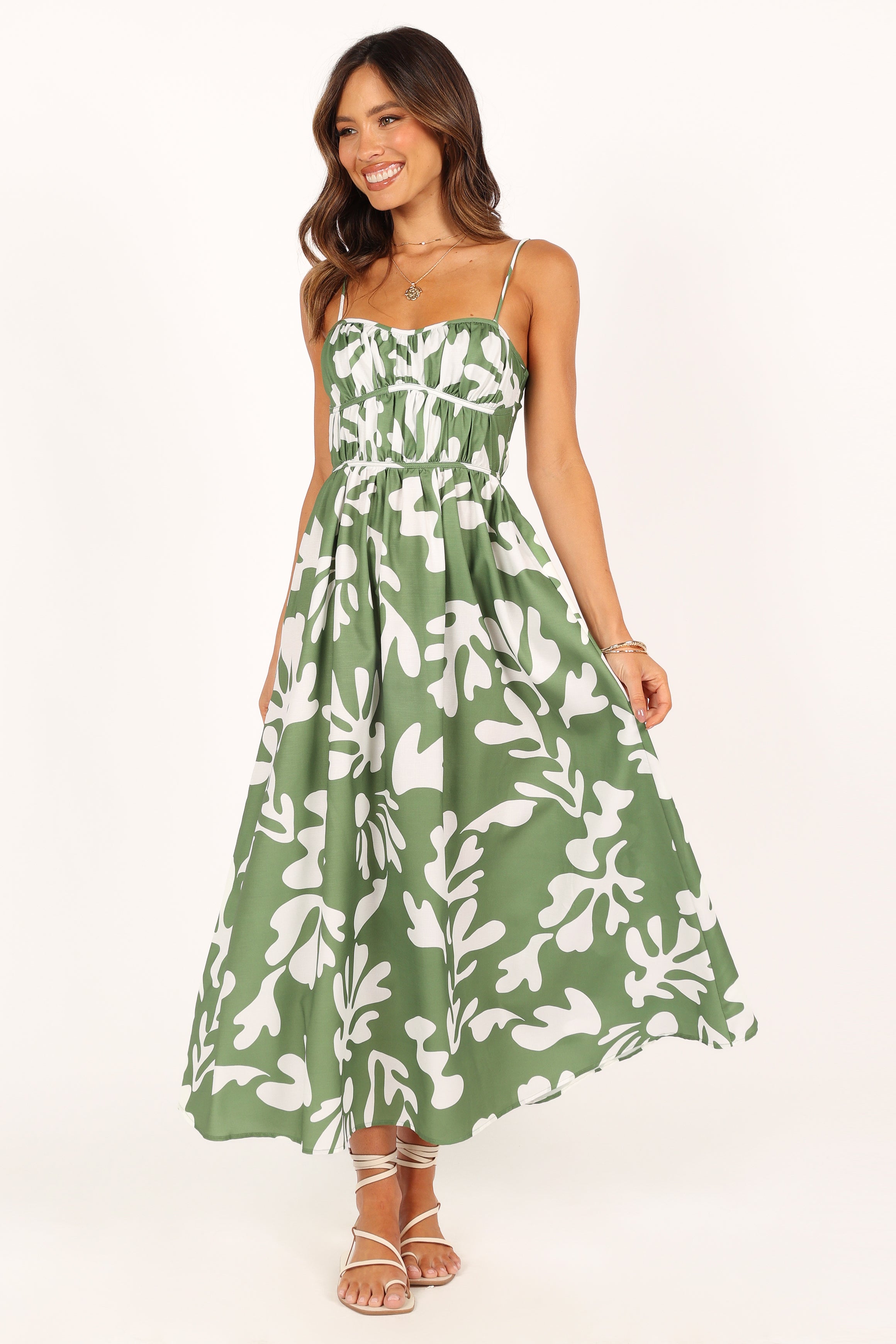 Khaki Sweetheart Neckline Midi Dress with Adjustable Straps - Payton