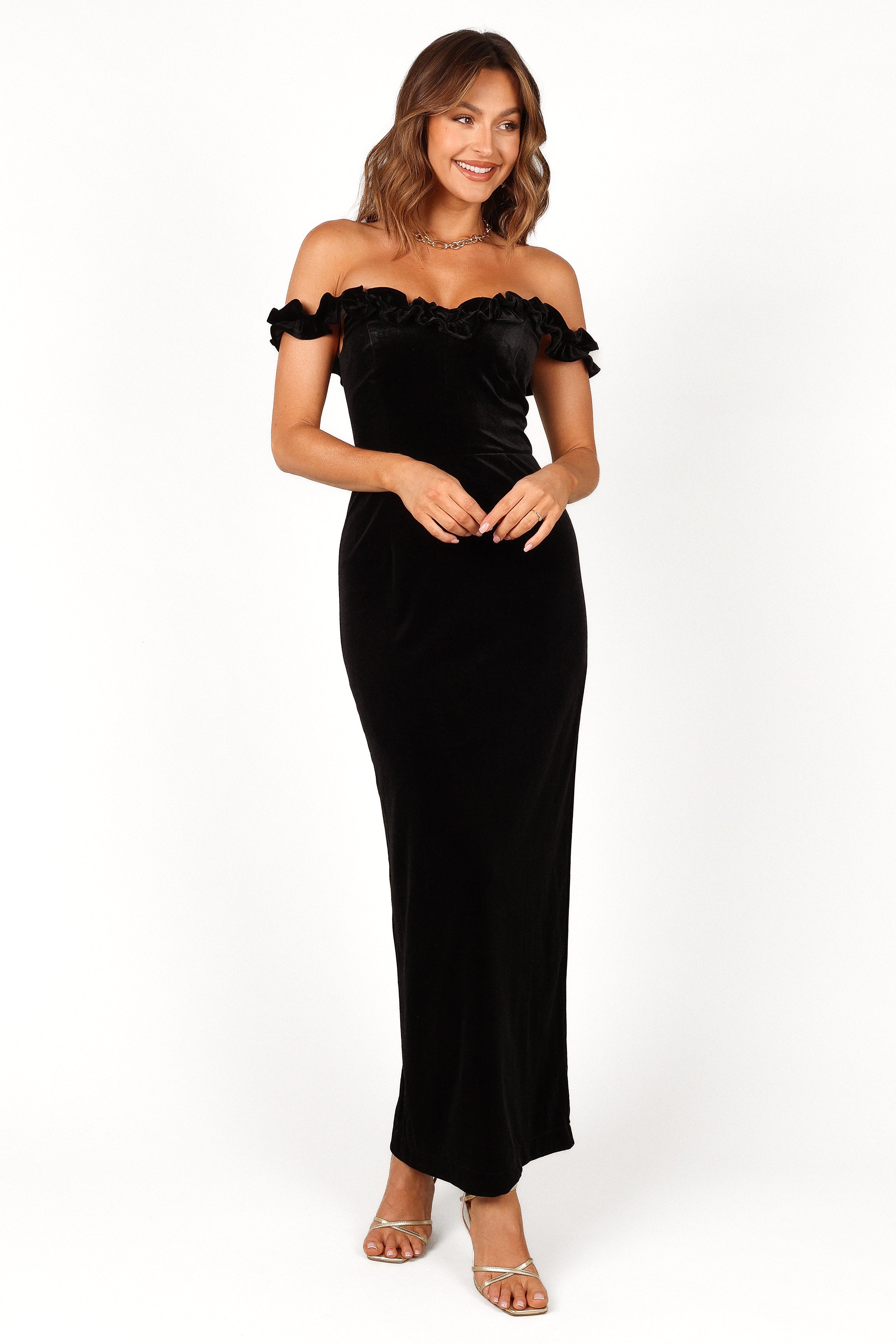 Black Velvet Off Shoulder Maxi Dress with Ruffle Neckline - Celeste