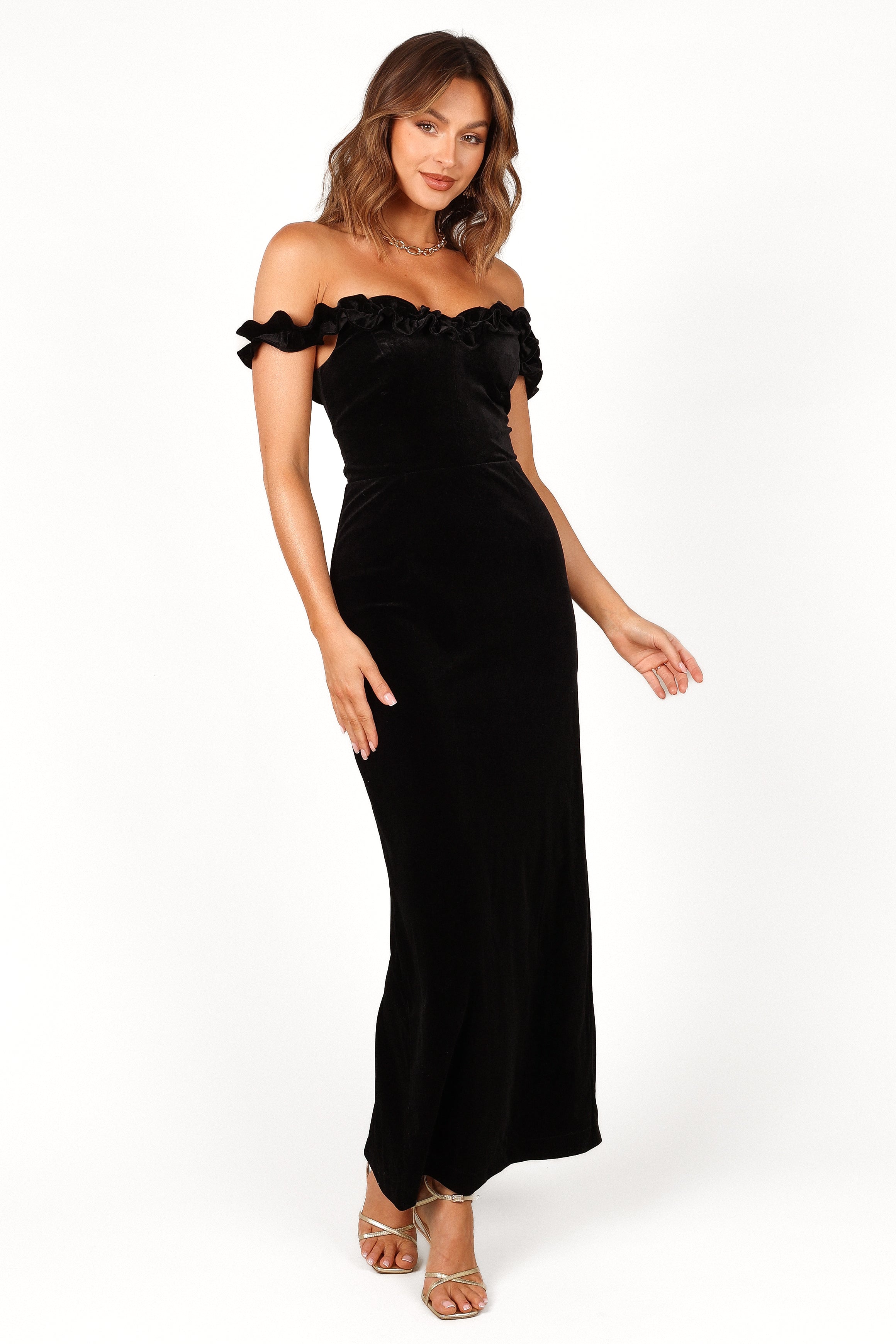 Black Velvet Off Shoulder Maxi Dress with Ruffle Neckline - Celeste