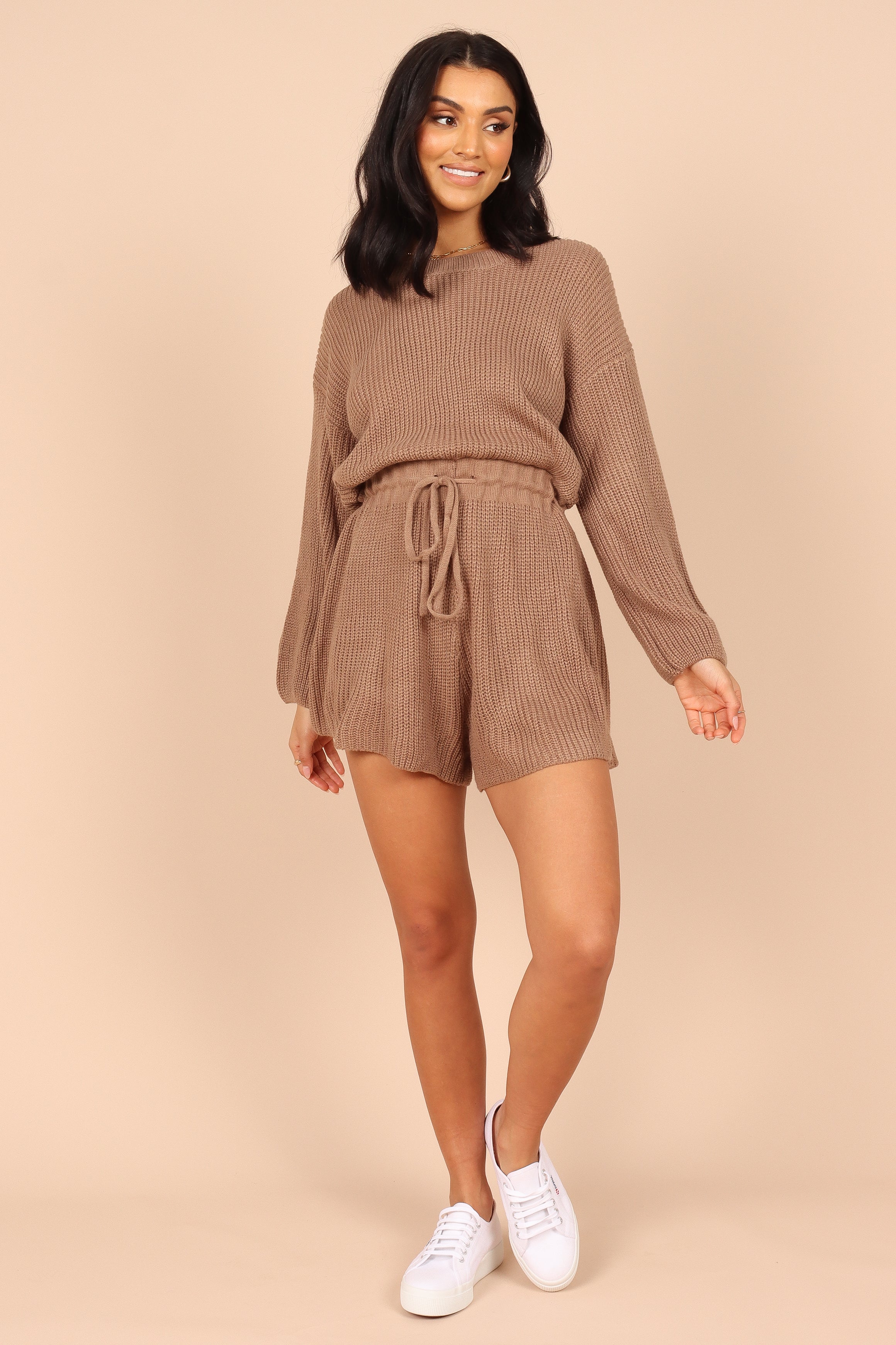 Sloane Knit Romper Jumpsuit with Drawstring Waist - Mocha