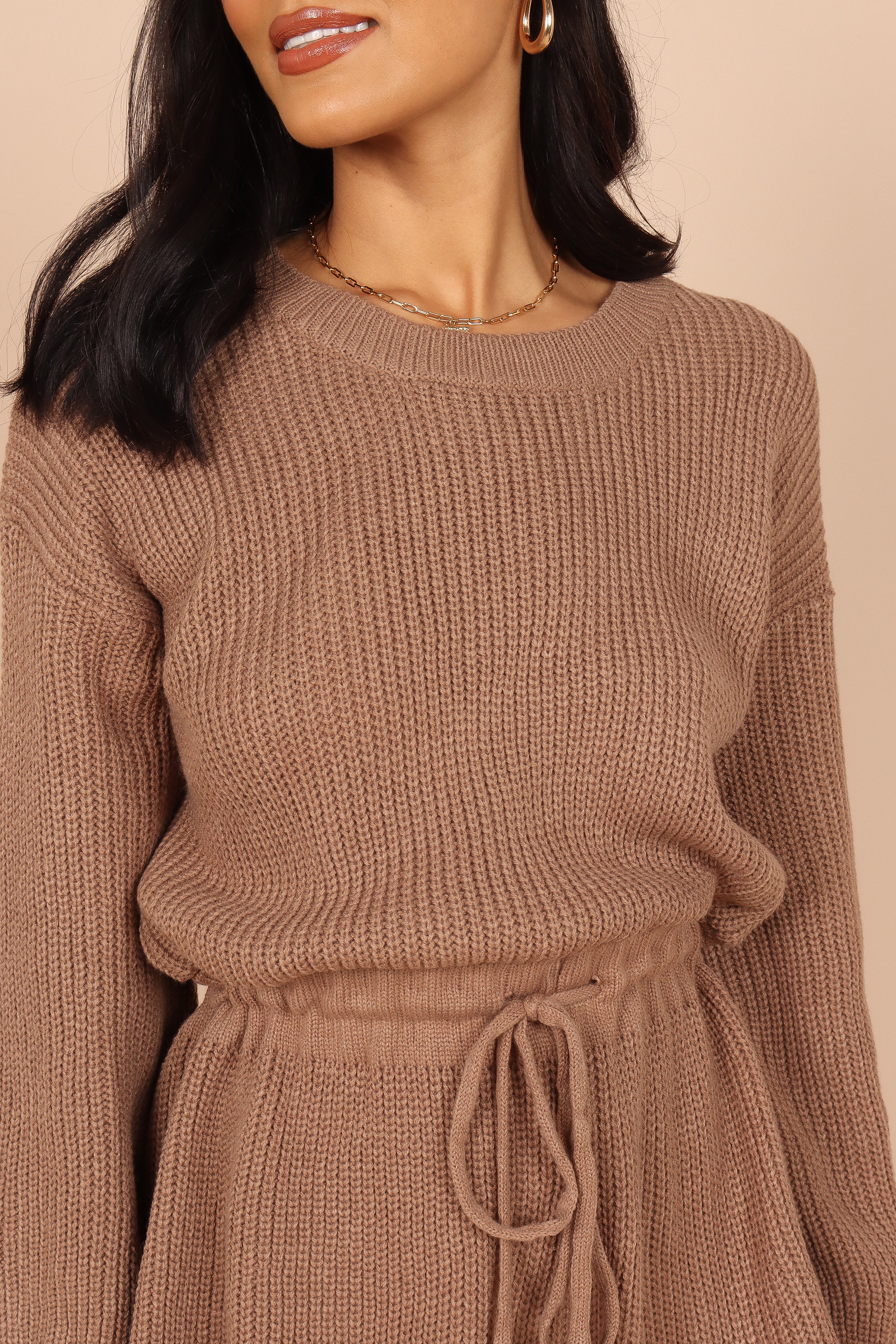 Sloane Knit Romper Jumpsuit with Drawstring Waist - Mocha