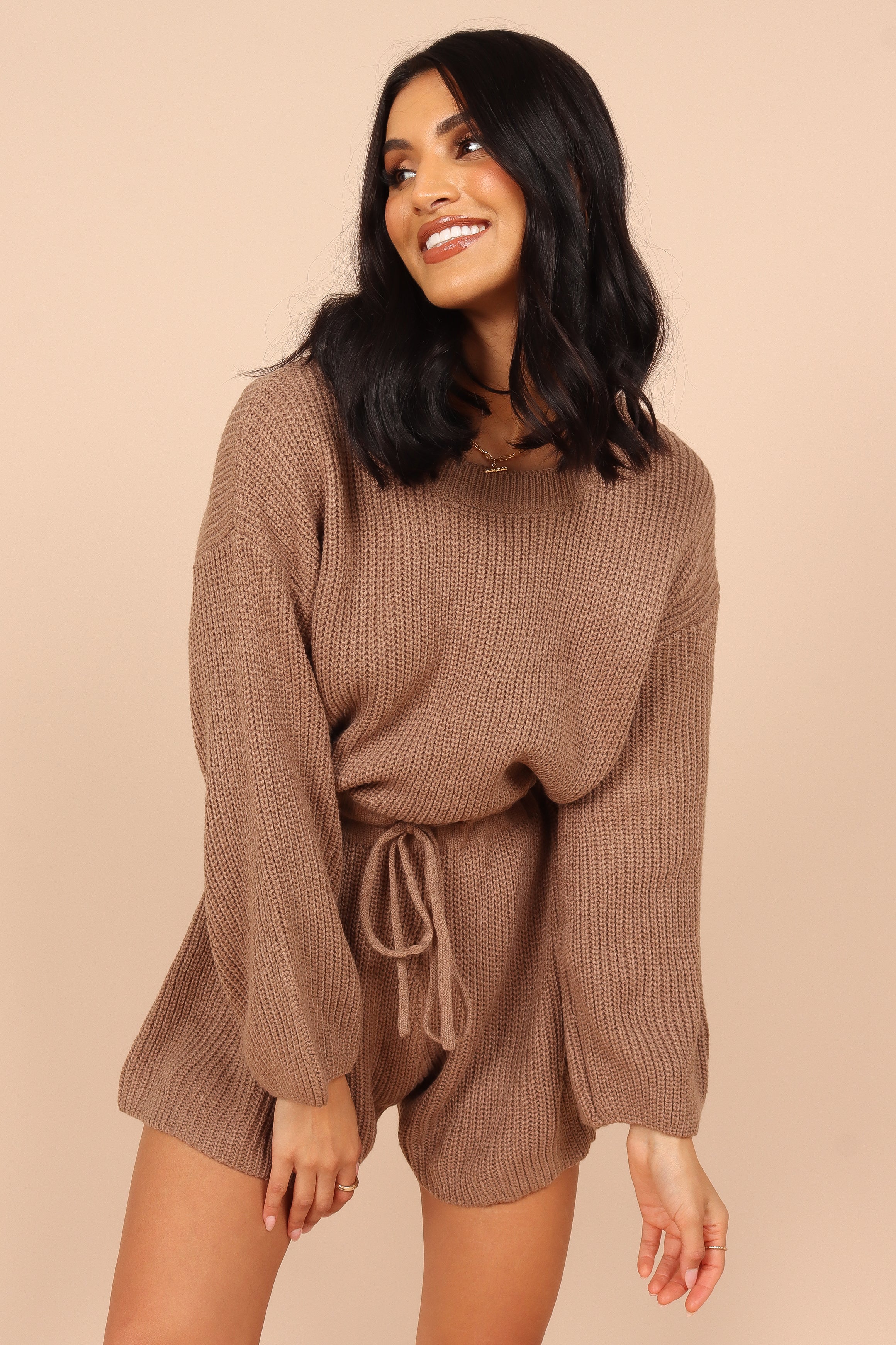 Sloane Knit Romper Jumpsuit with Drawstring Waist - Mocha